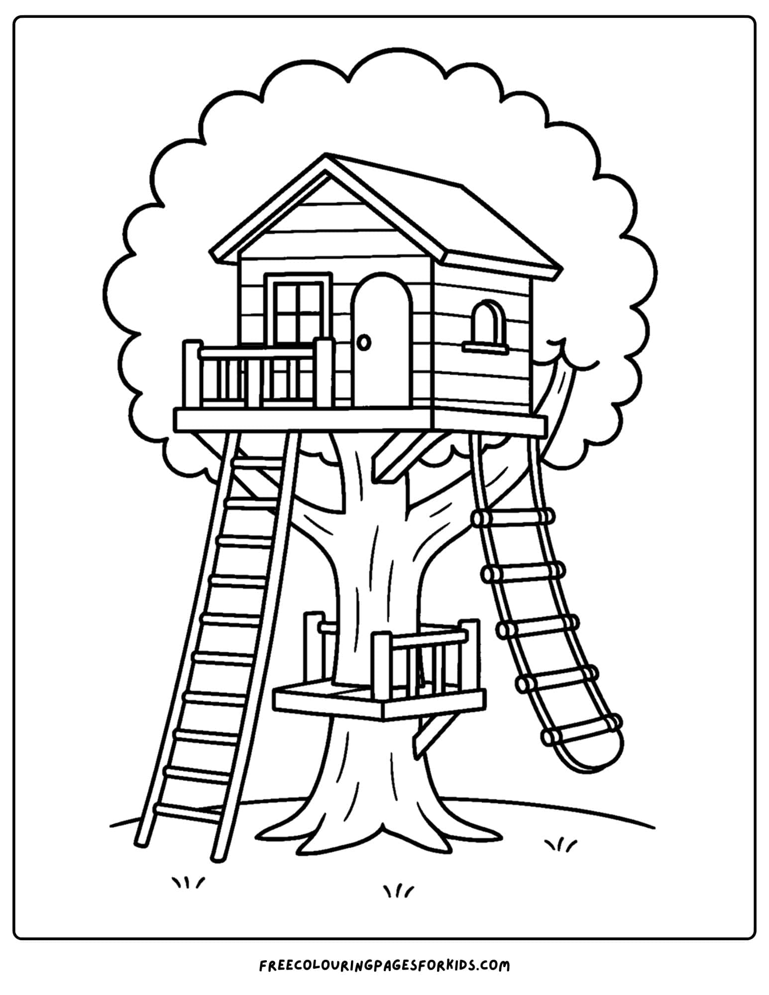 a tree house coloring page featuring a tree house with dual climbing ladders