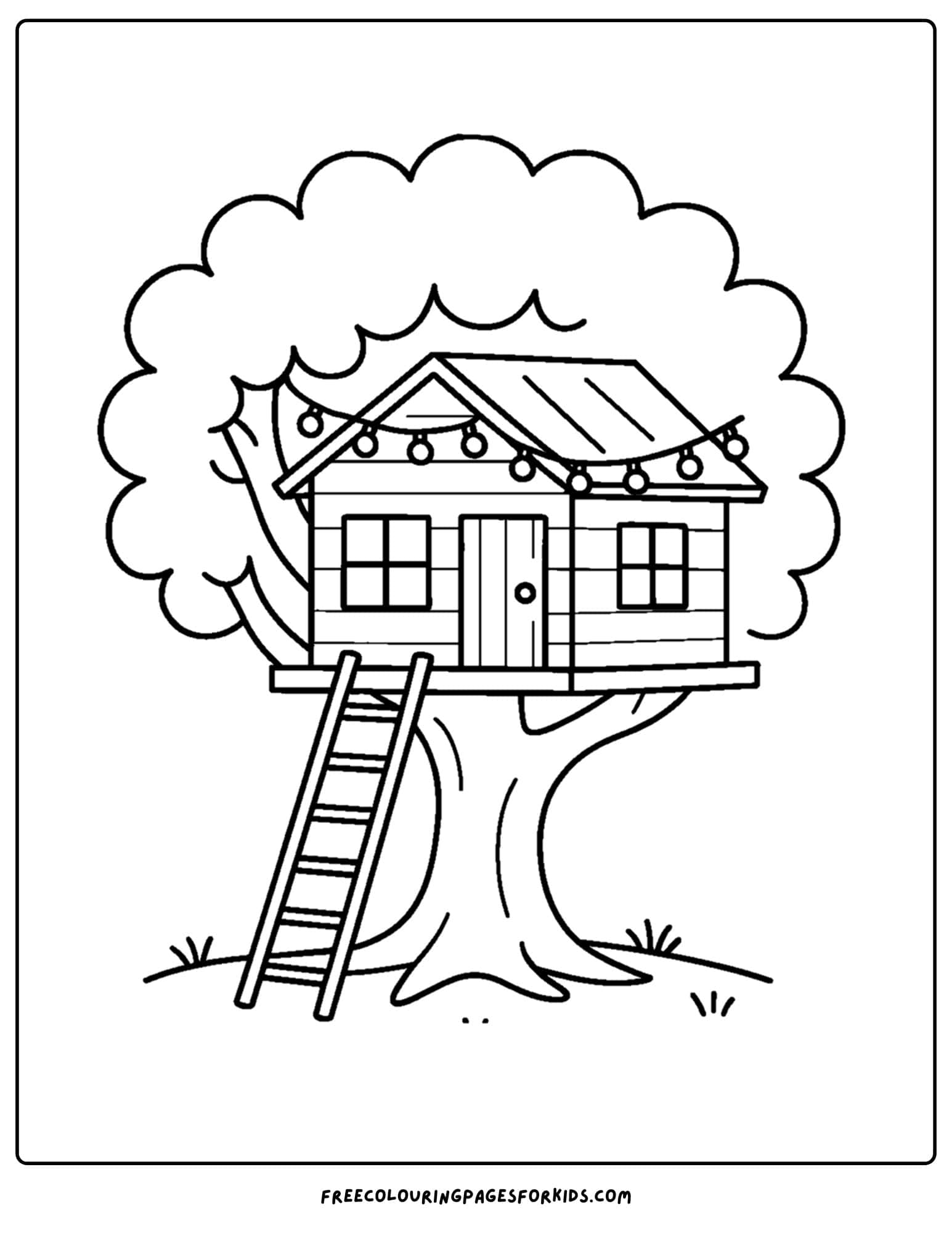 a tree house coloring page featuring a tree house with fairy lights