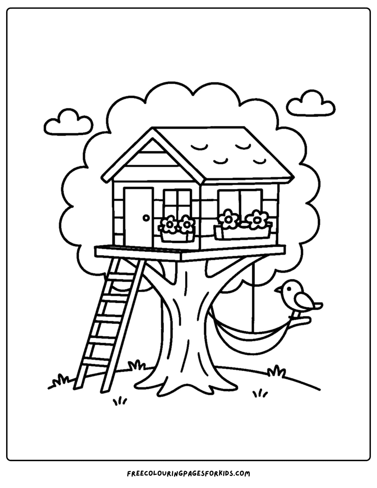 a tree house coloring page featuring a tree house with flower box windows