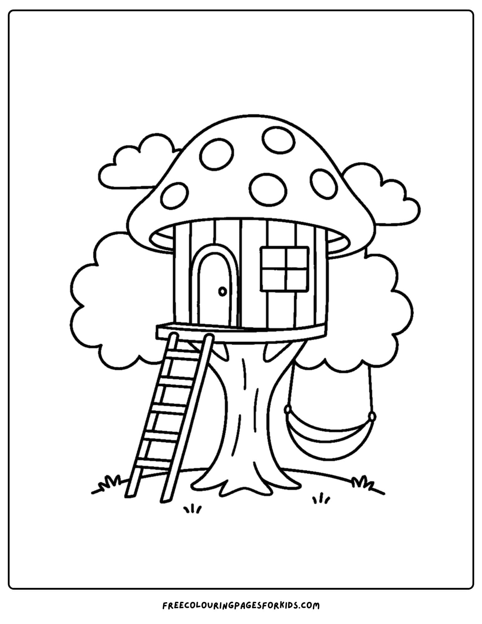 a tree house coloring page featuring a tree house with a mushroom shaped roof