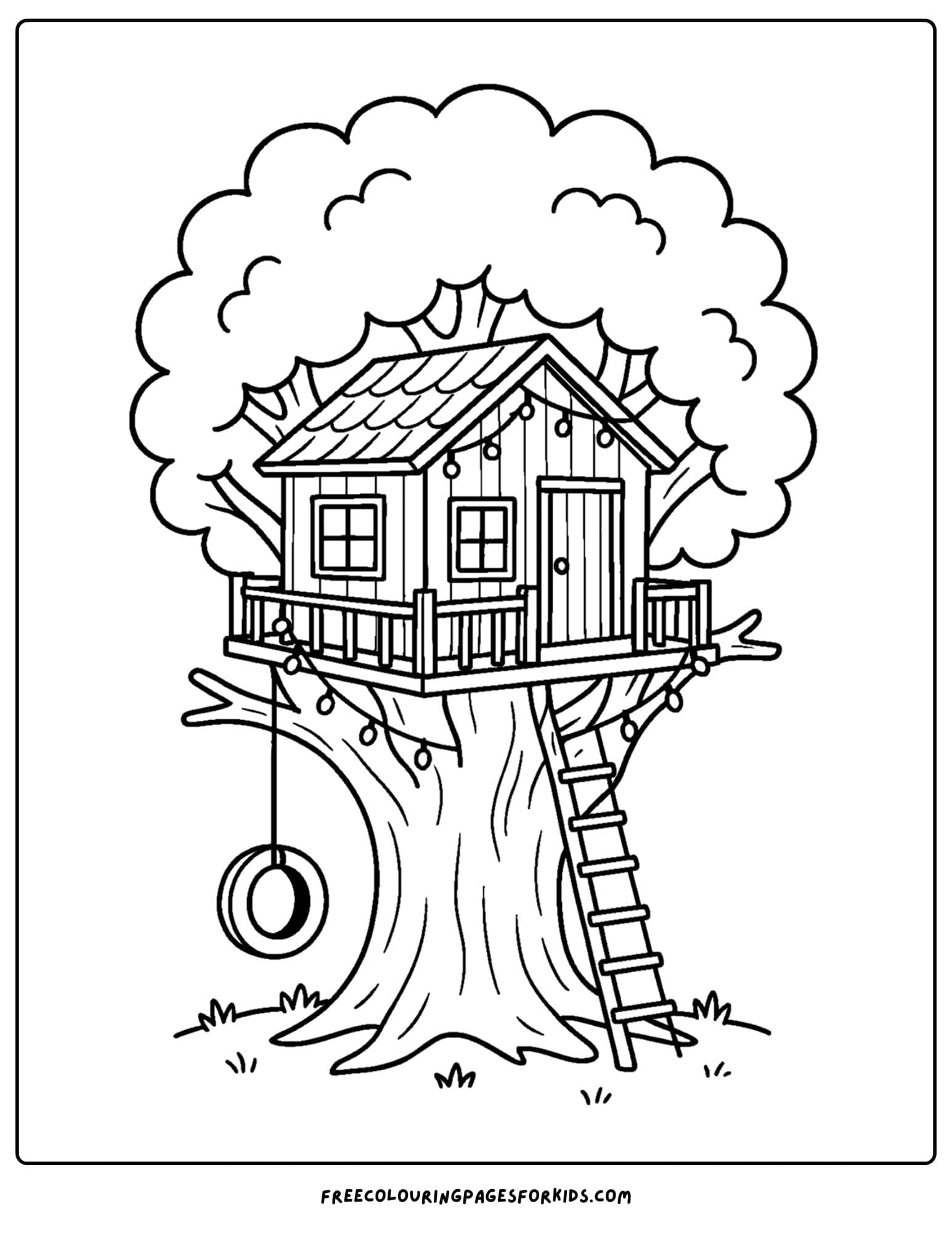 a tree house coloring page featuring a tree house in a giant oak tree