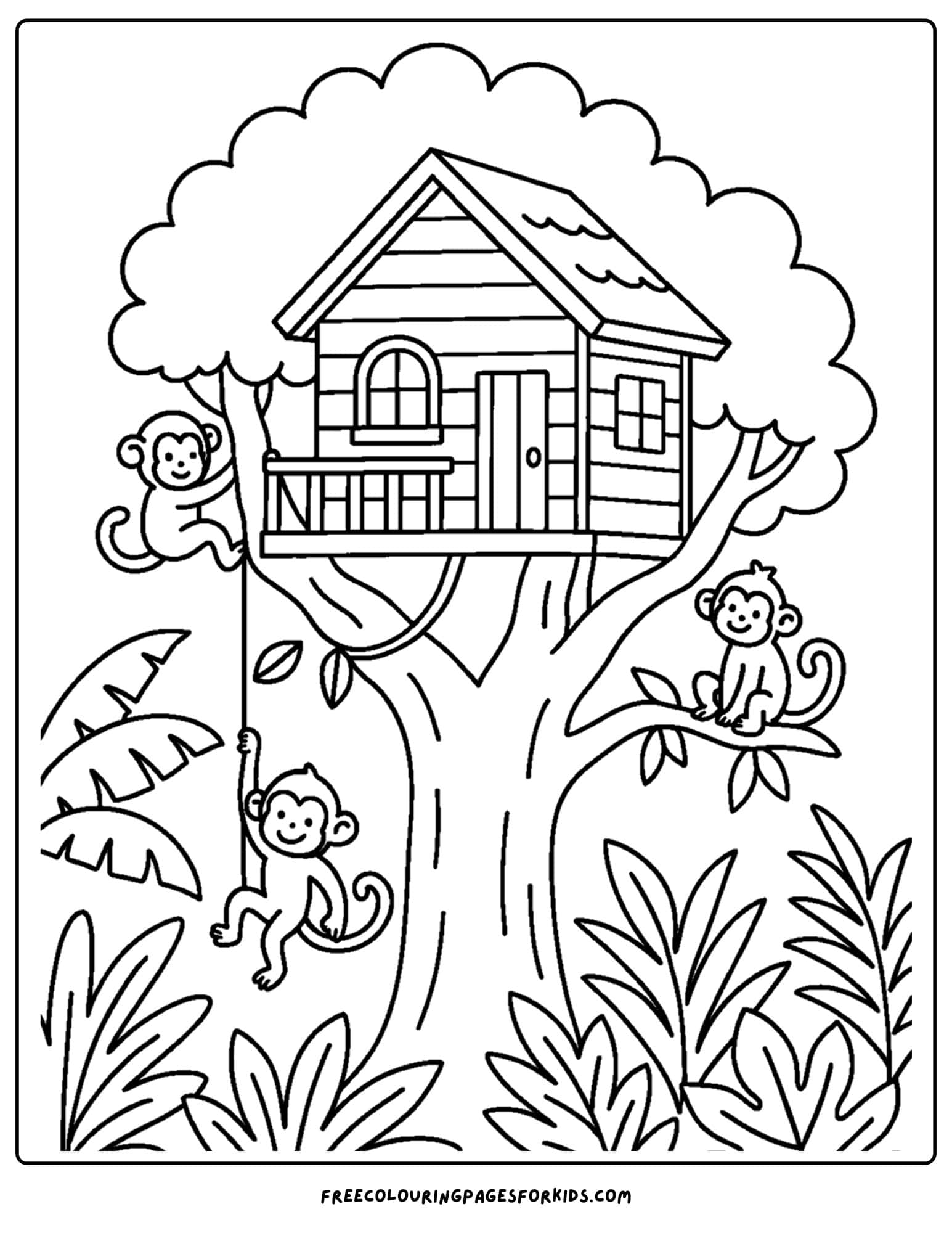 a tree house coloring page featuring a tree house high up in a jungle canopy