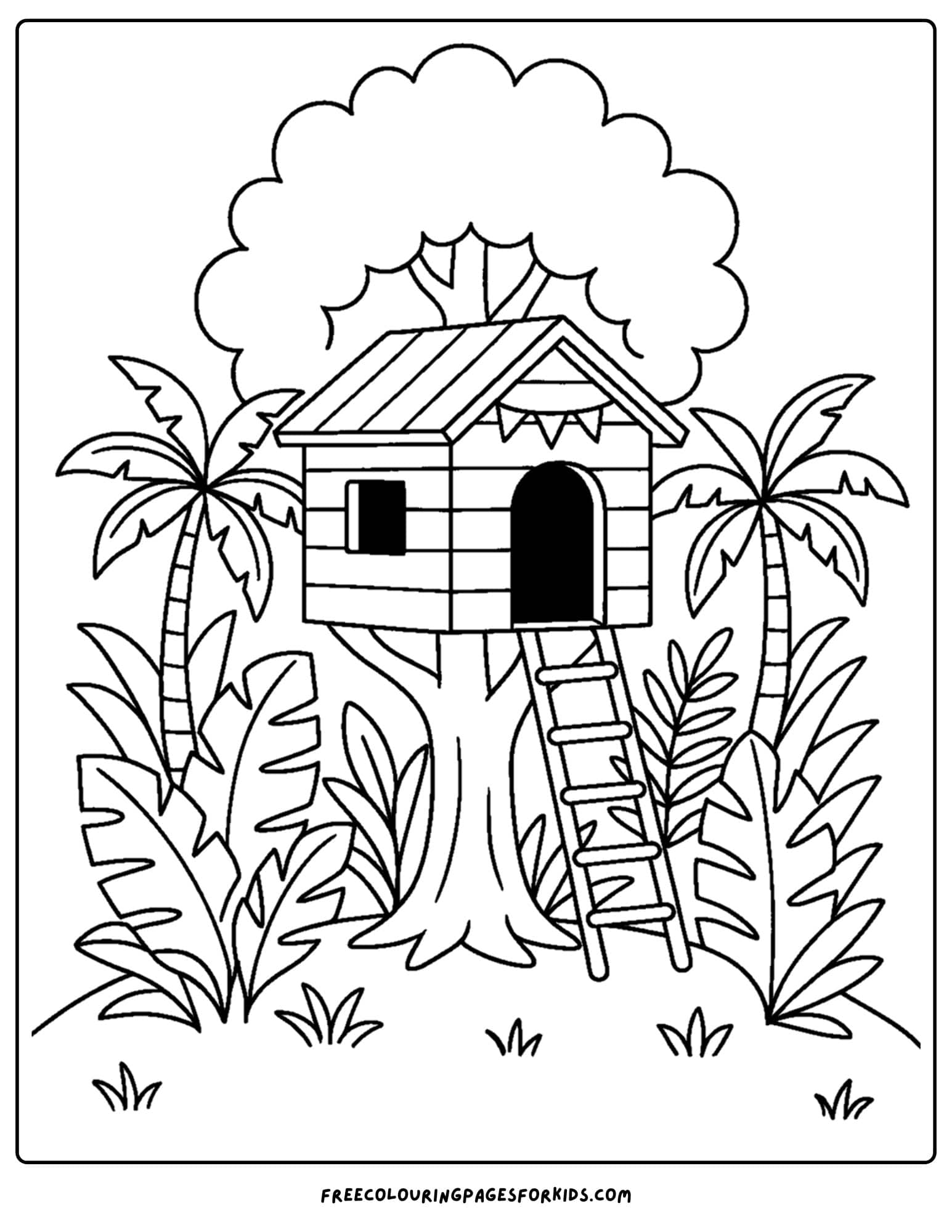 a tree house coloring page featuring a tree house surrounded by a jungle