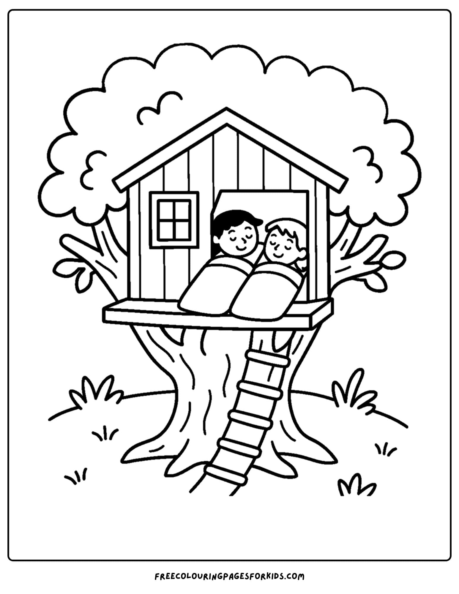 a tree house coloring page featuring a tree house with kids sleeping inside