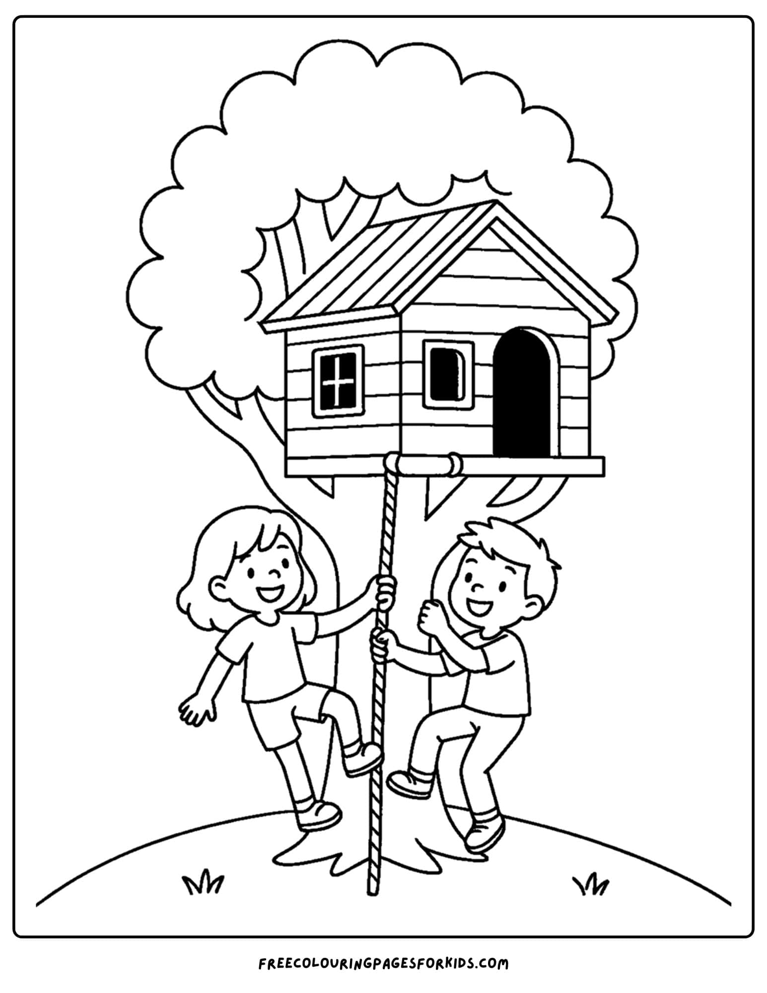a tree house coloring page featuring a tree house with kids climbing a rope to get into it