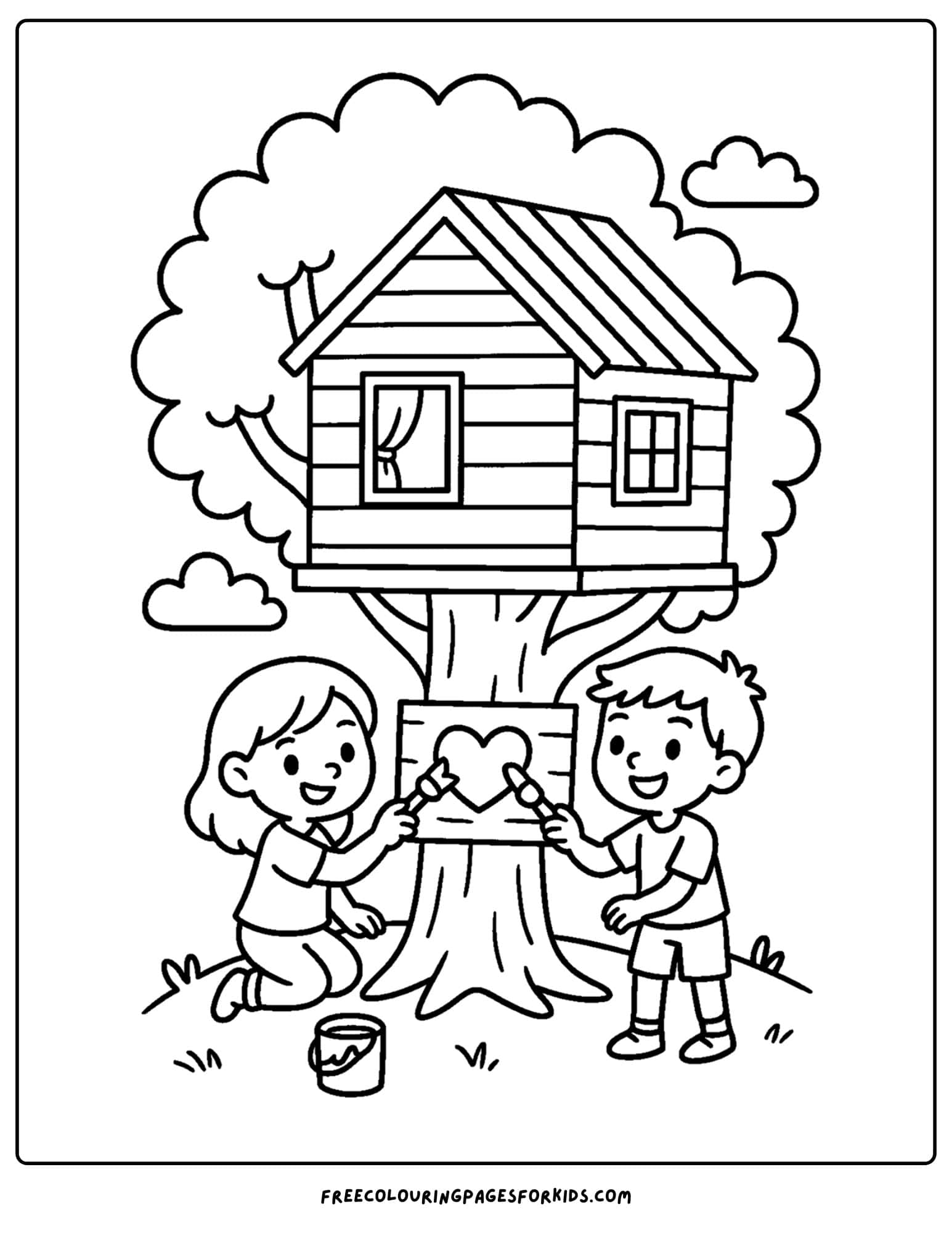 a tree house coloring page featuring a tree house with kids painting a heart on the tree below it