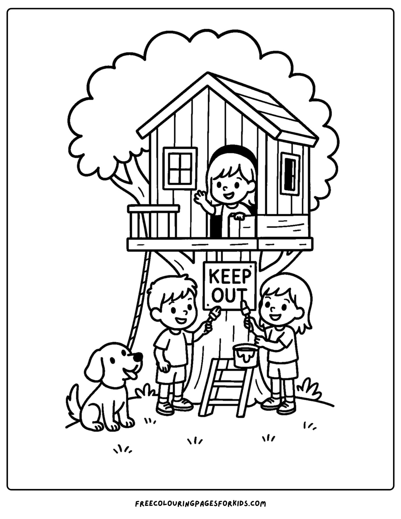 a tree house coloring page featuring a tree house with a keep out sign below it