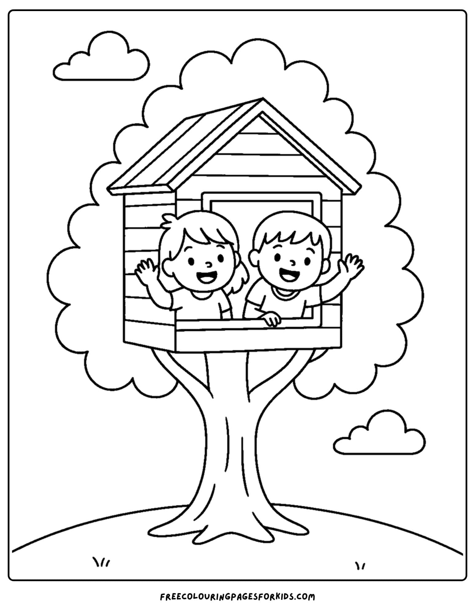 a tree house coloring page featuring a tree house with kids waving from inside