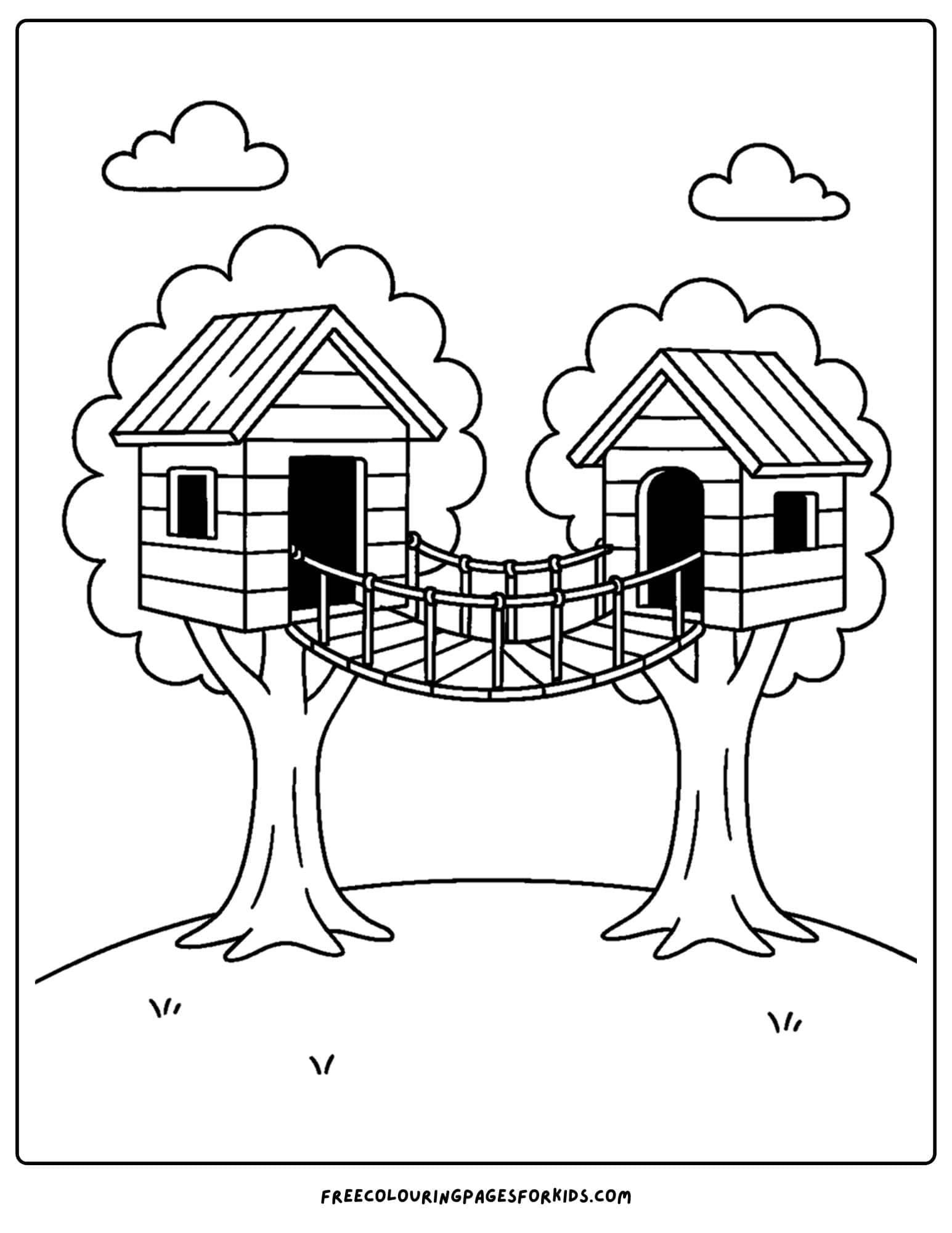 a tree house coloring page featuring a tree house connected to another tree house by a rope bridge