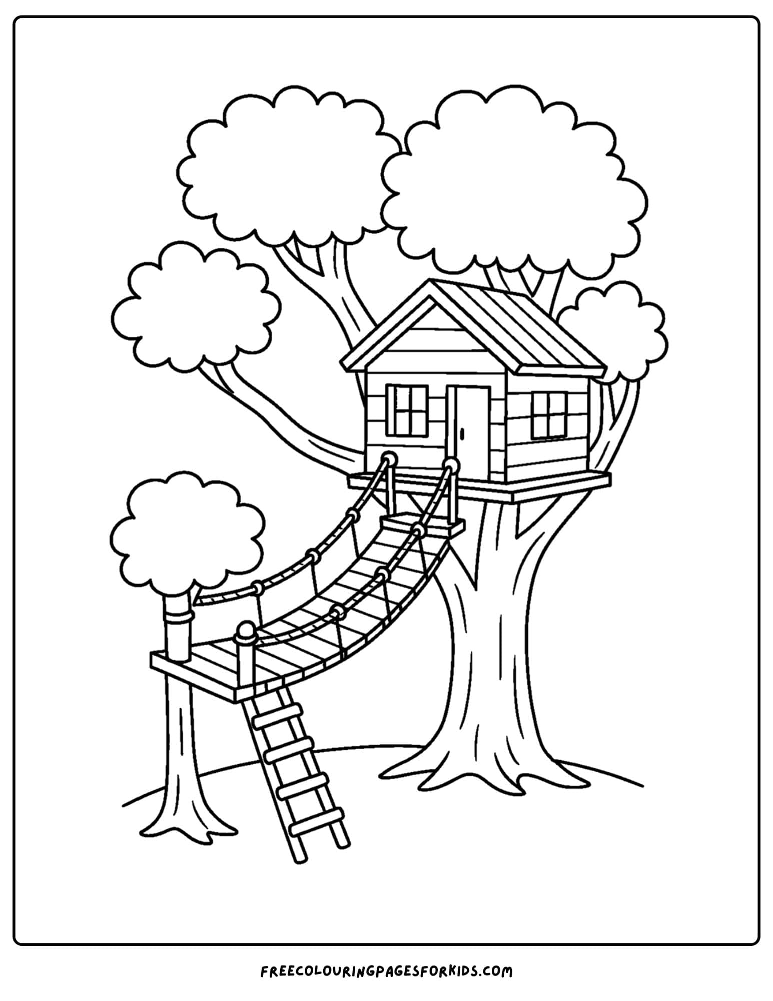 a tree house coloring page featuring a tree house with a rope bridge to climb up