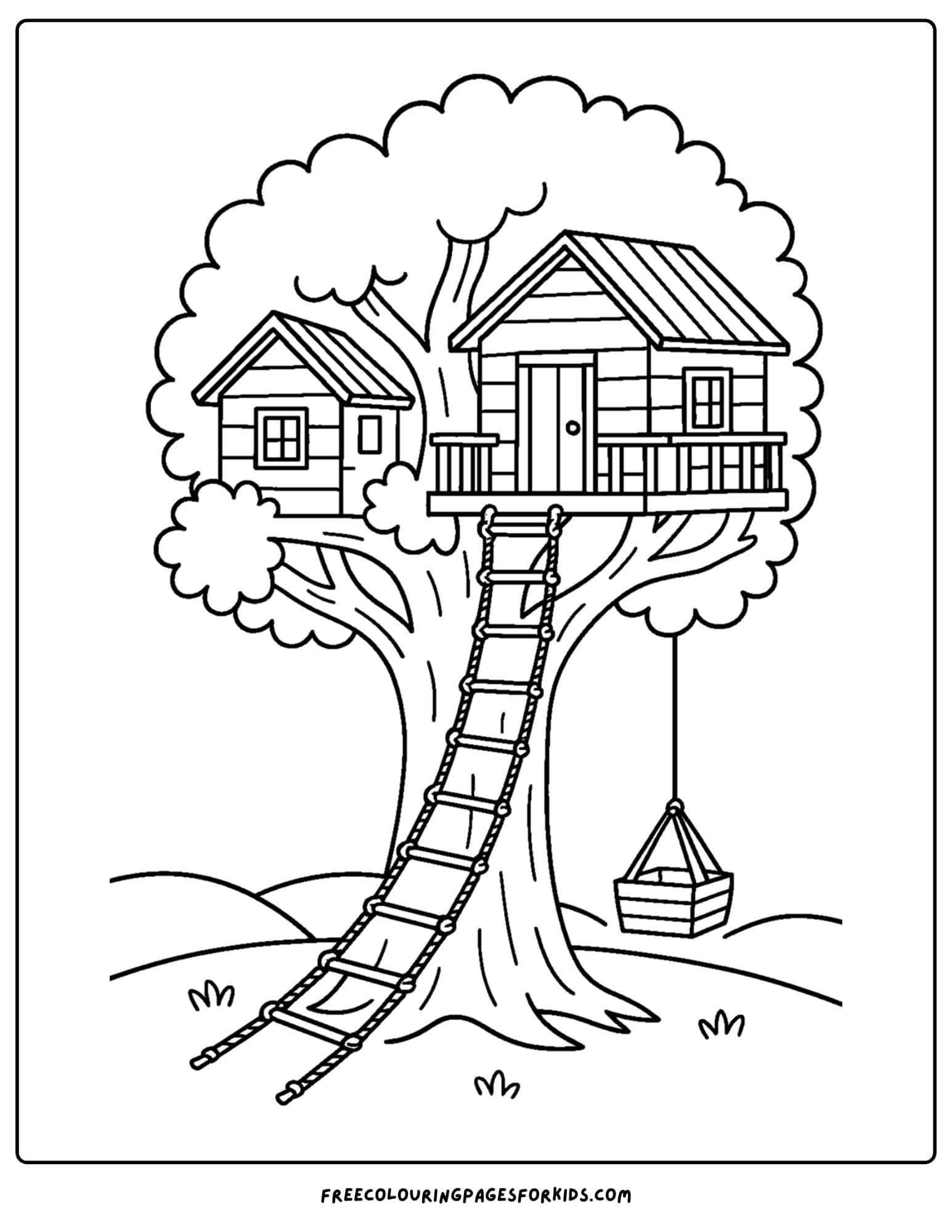 a tree house coloring page featuring a tree house with a rope ladder