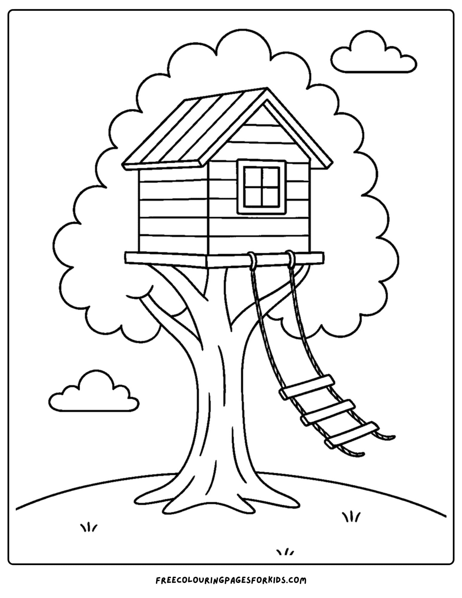 a tree house coloring page featuring a tree house with a rope ladder blowing in the wind