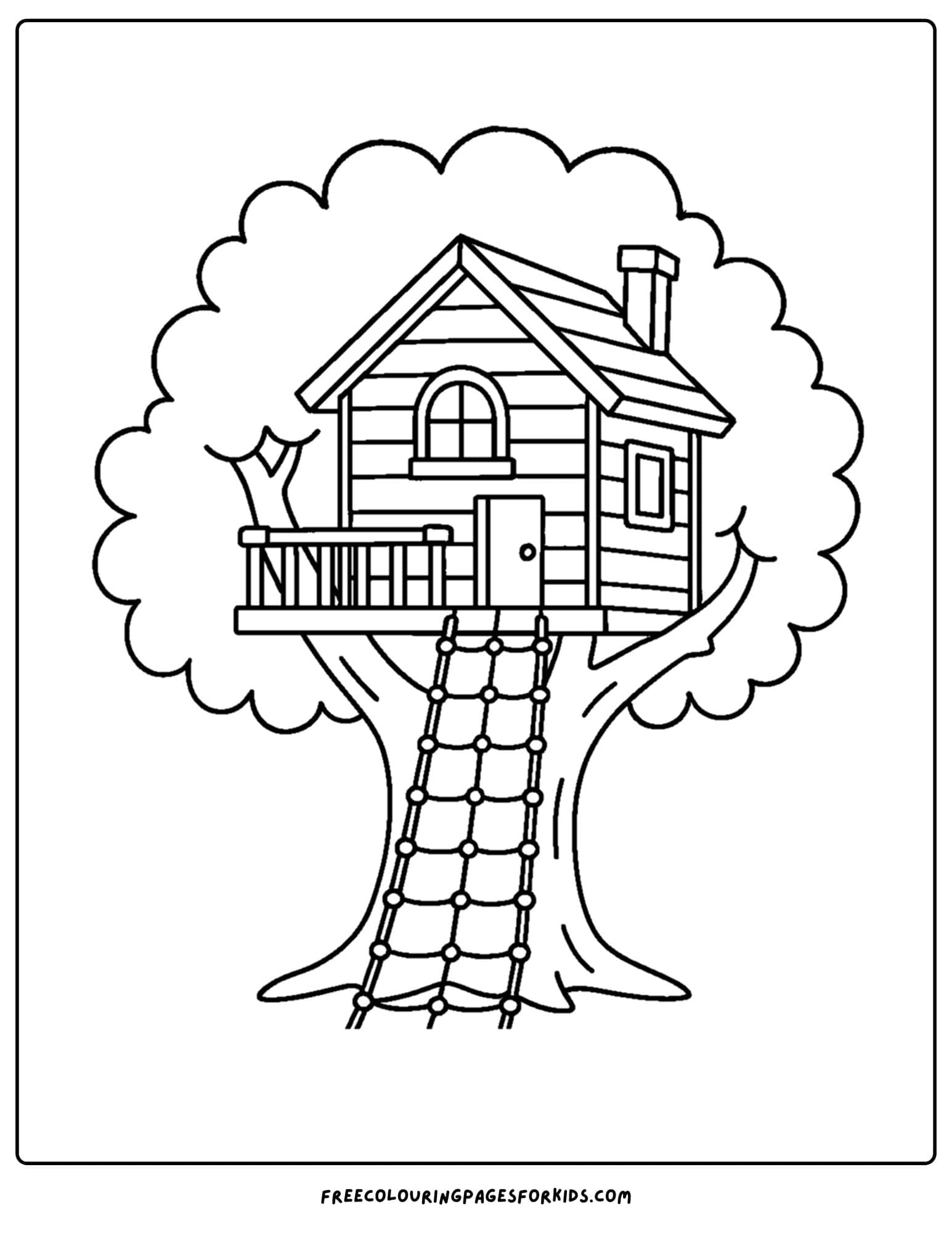 a tree house coloring page featuring a tree house with arope climbing net