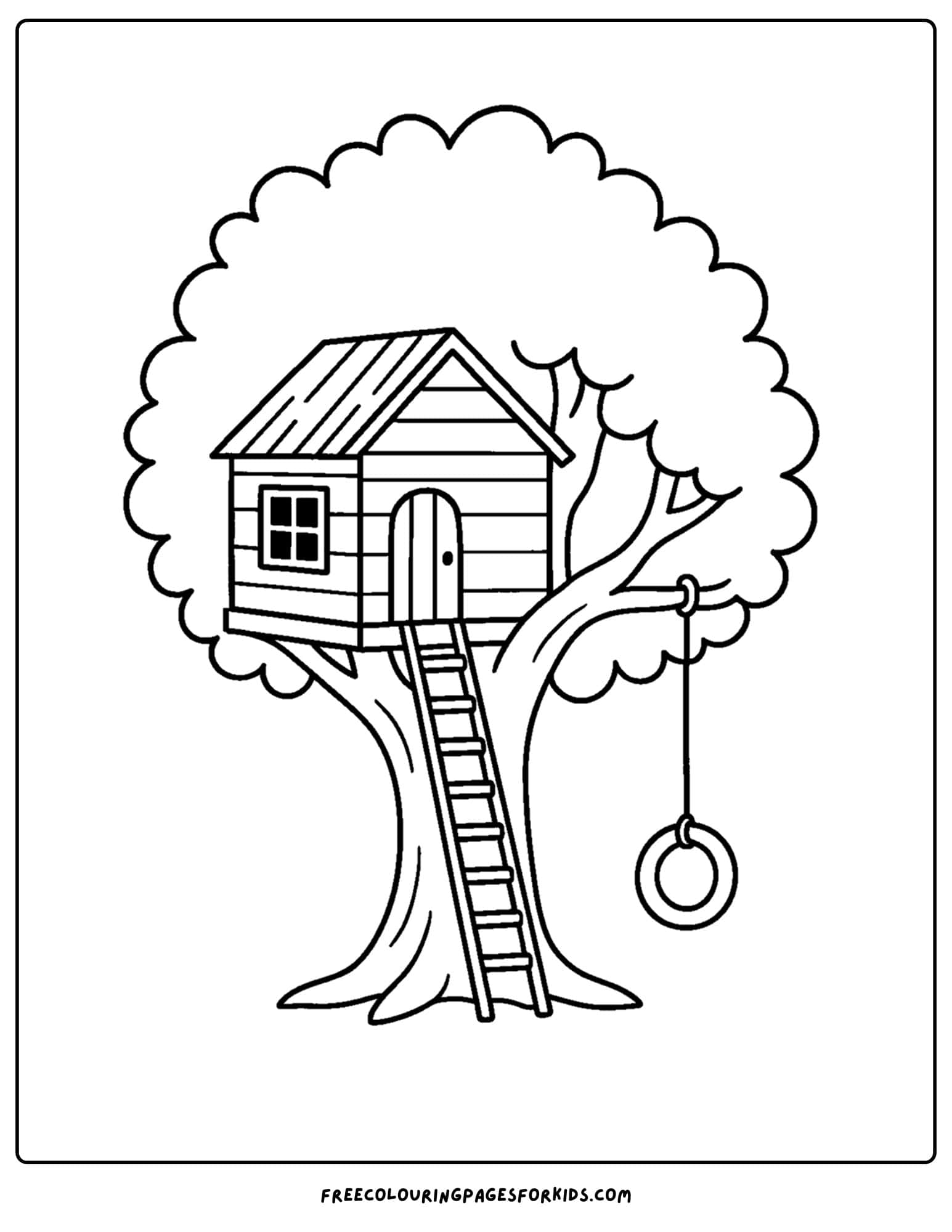 a tree house coloring page featuring a tree house with a rope swing