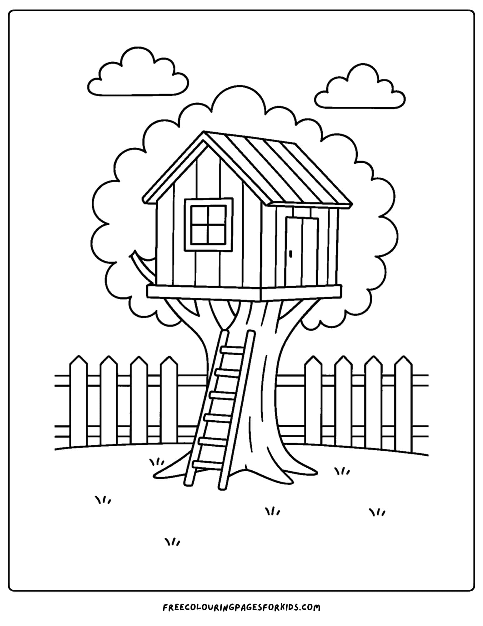 a tree house coloring page featuring a tree house in a backyard tree
