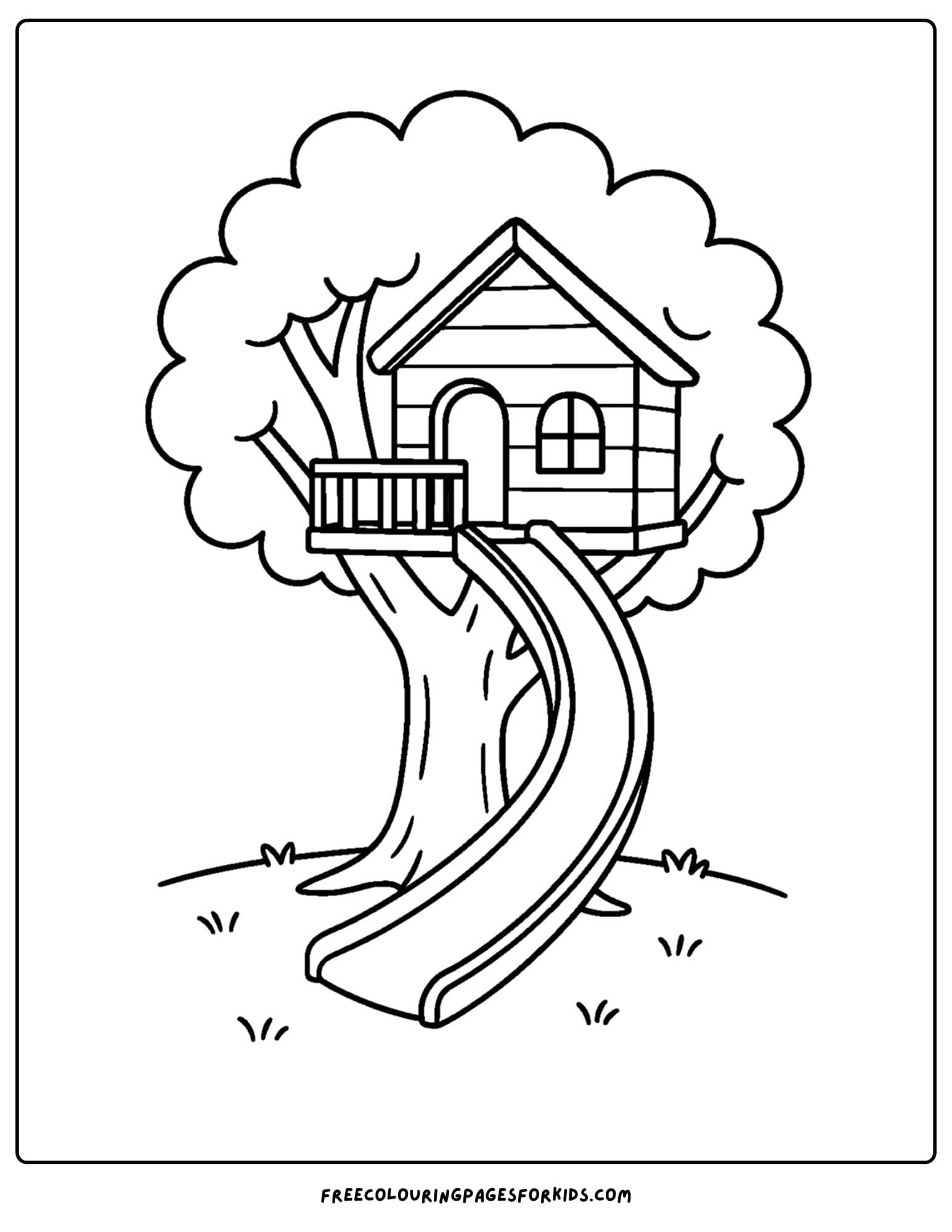 a tree house coloring page featuring a tree house with a giant wrap around slide