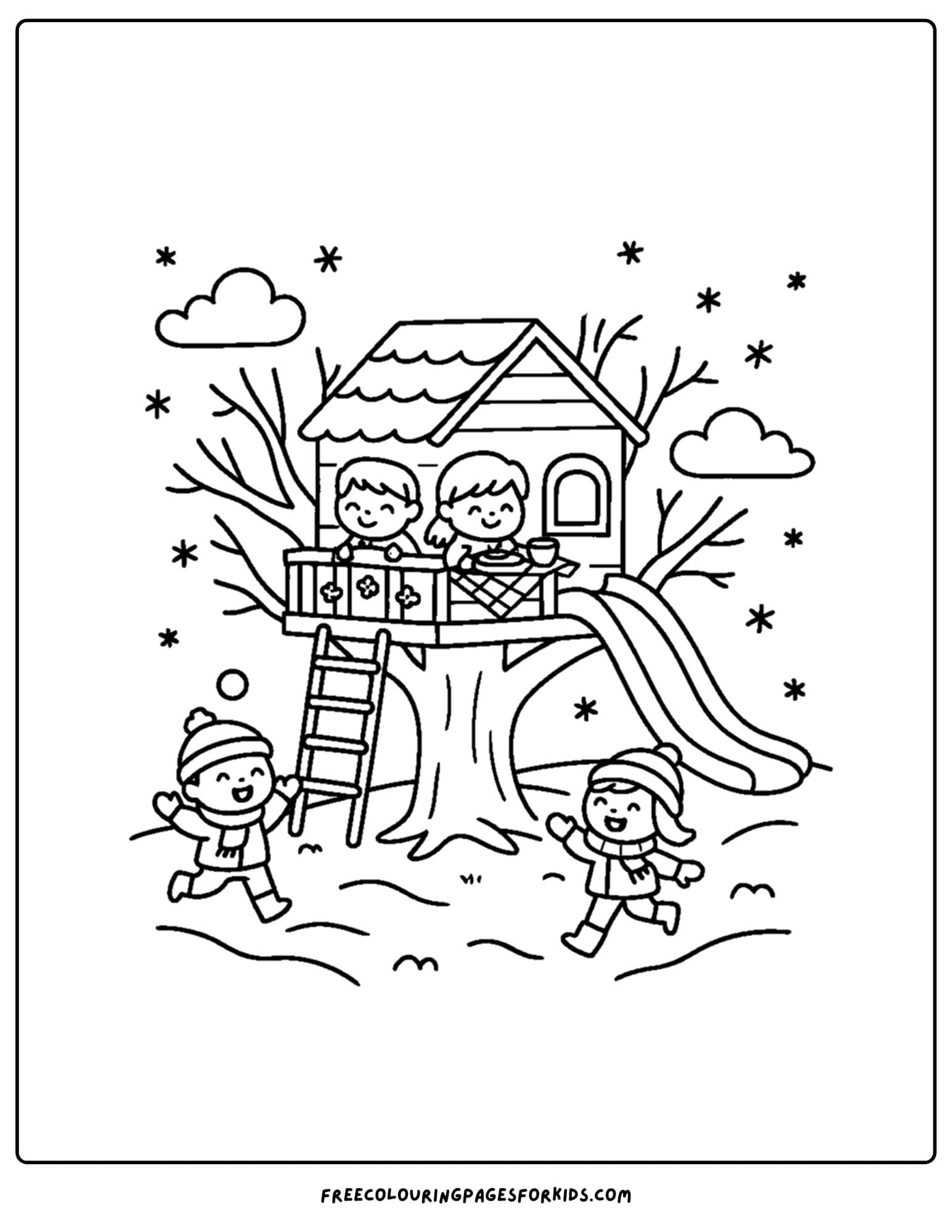 a tree house coloring page featuring a tree house covered in snow with kids running around