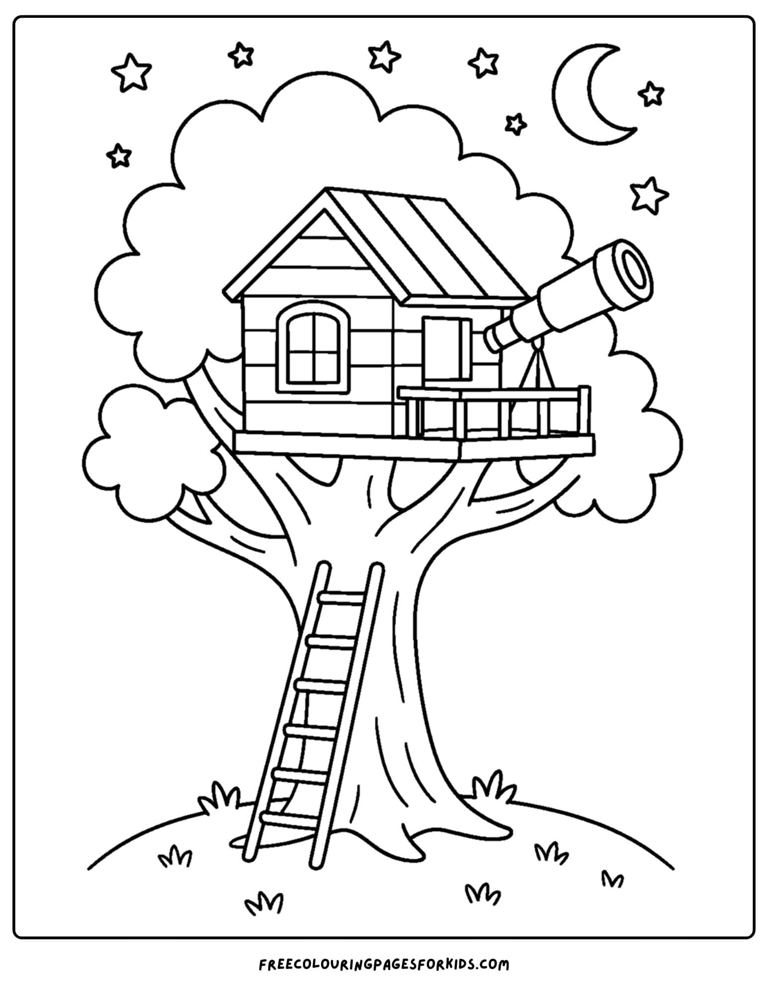 a tree house coloring page featuring a tree house with a telescope inside to look at the stars