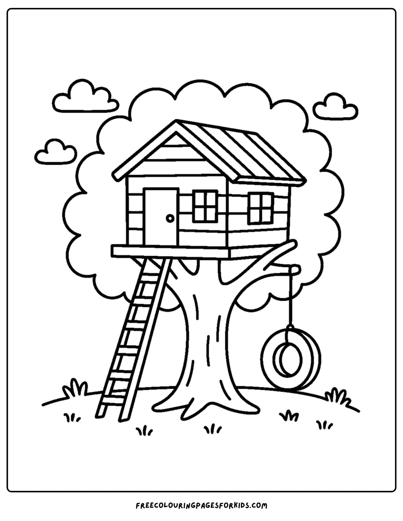 a tree house coloring page featuring a classic tree house with tire swing