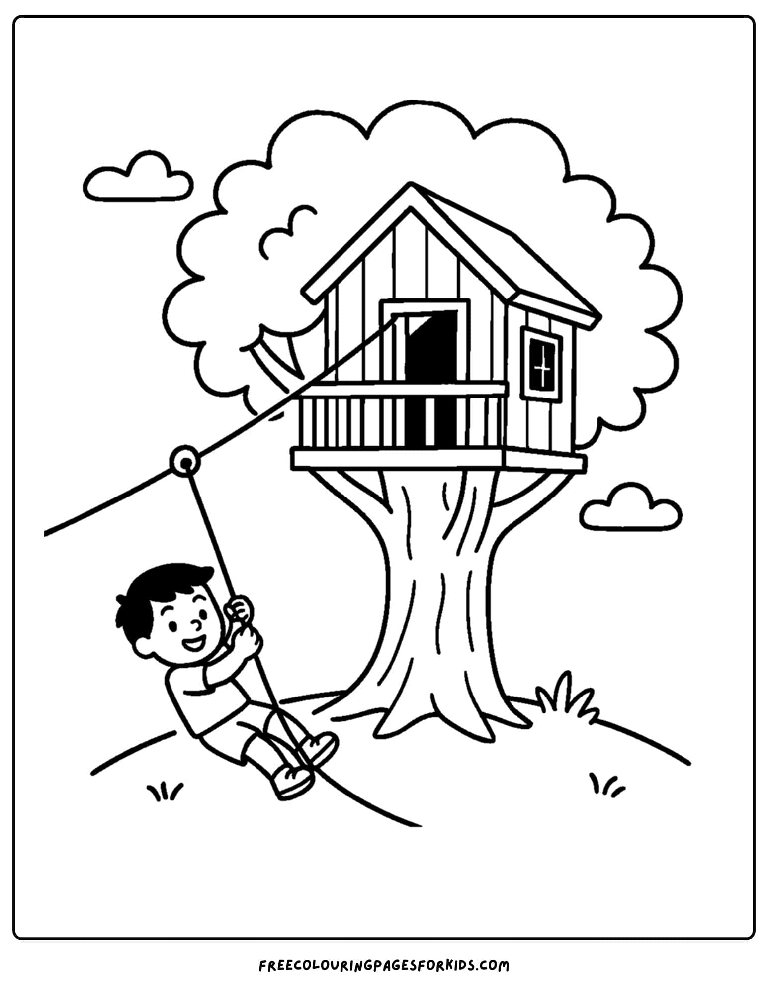 a tree house coloring page featuring a zip line tied to a tree house with a kid on the zip line