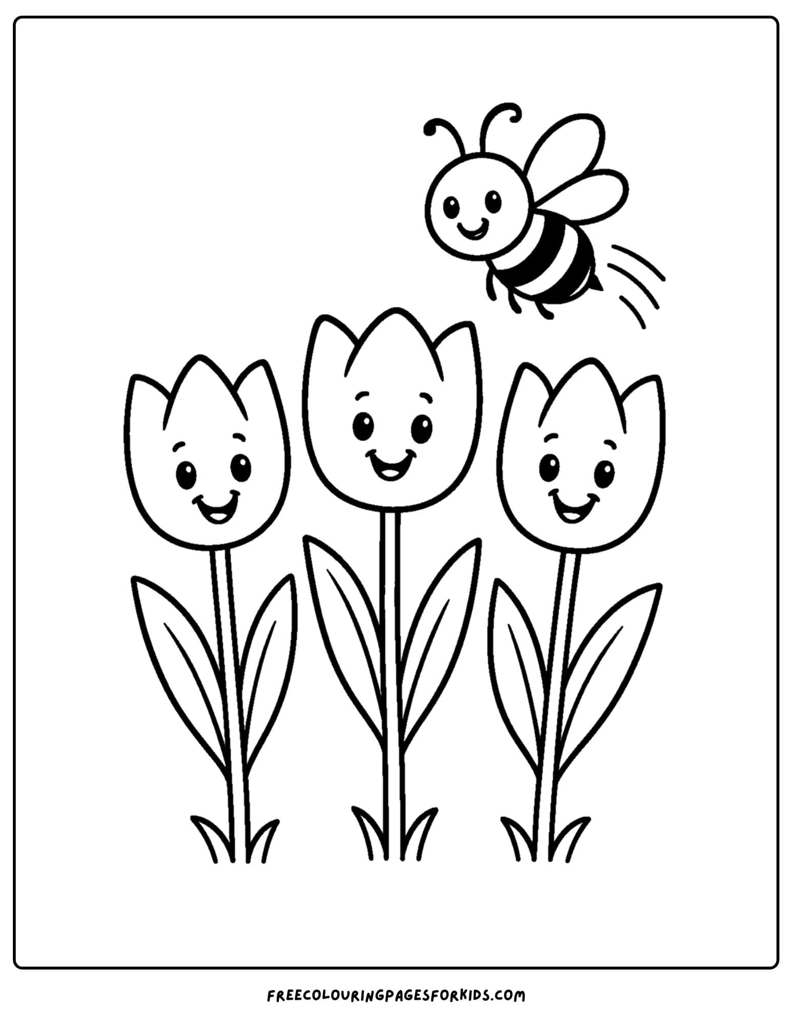 a tulip coloring page of 3 tulips with a buzzing bee above