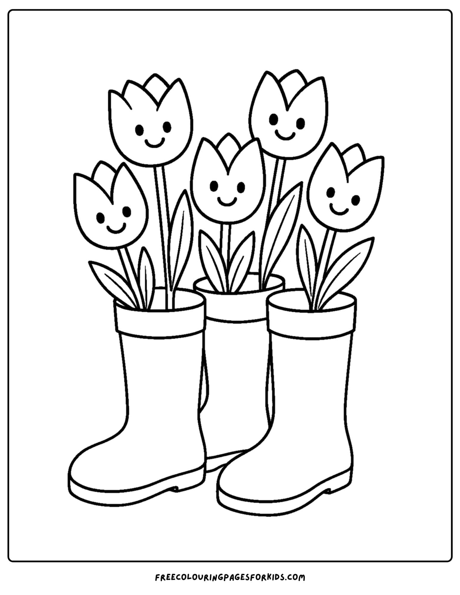 a tulip coloring page of tulips planted in boots