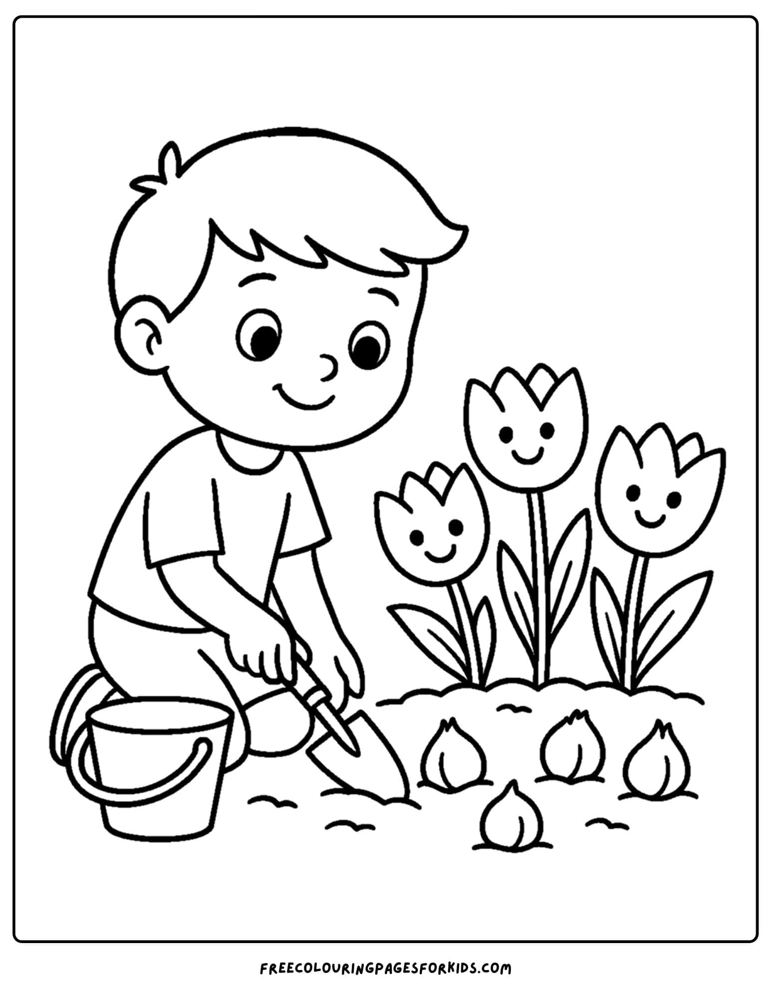a tulip coloring page of a child planting tulips in teh ground