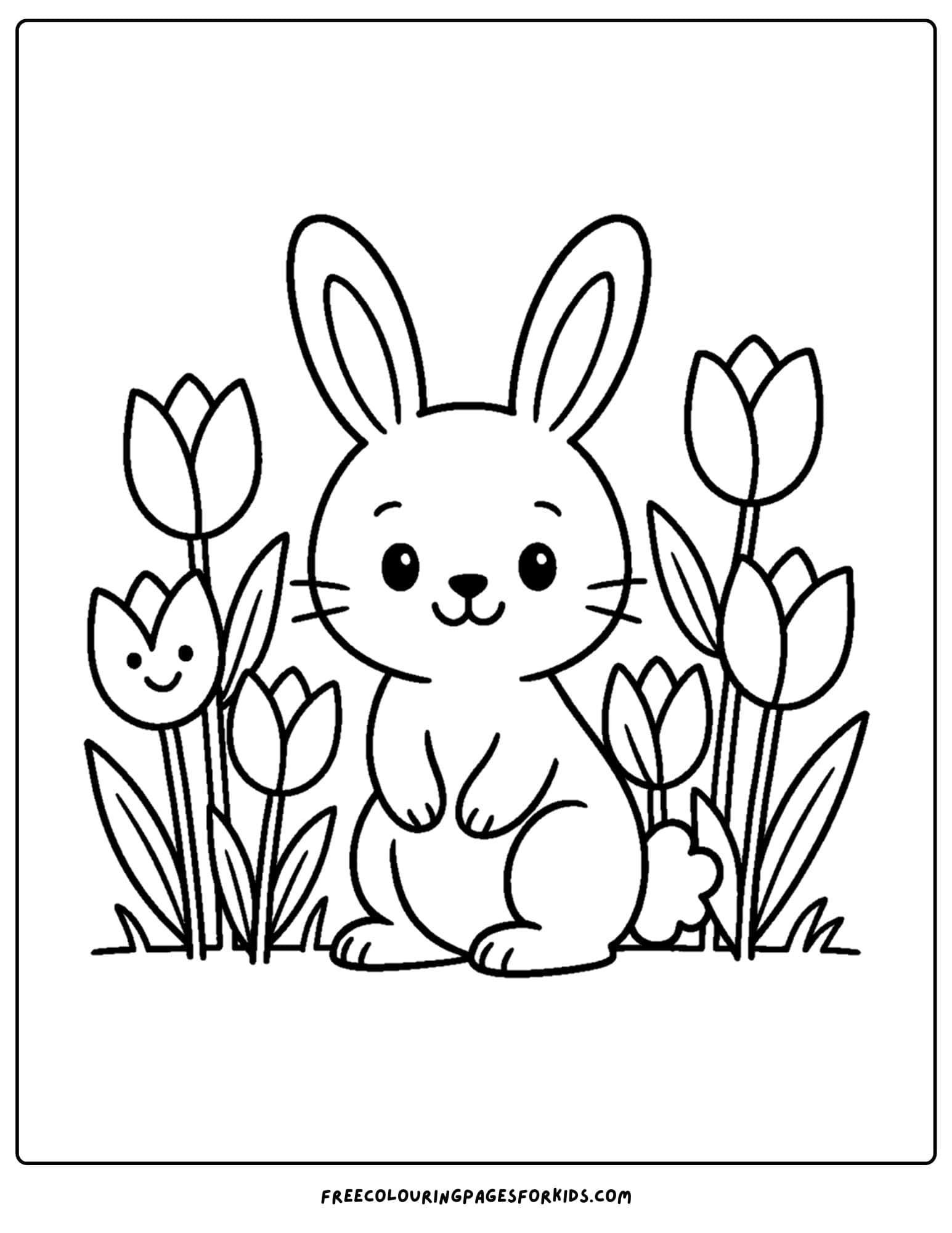 a tulip coloring page of a tulip field with a bunny next to them
