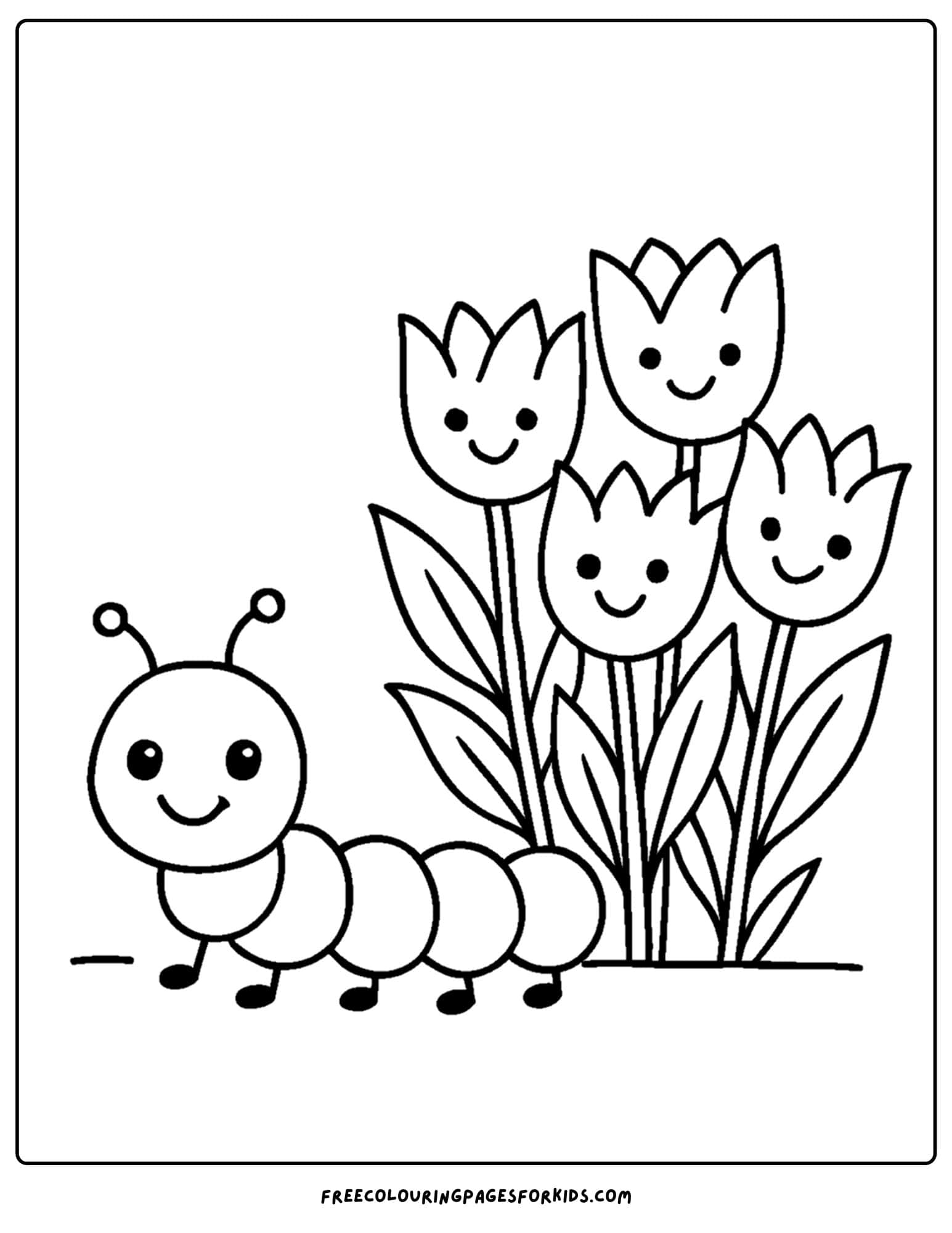 a tulip coloring page of tulips with a caterpillar next to them