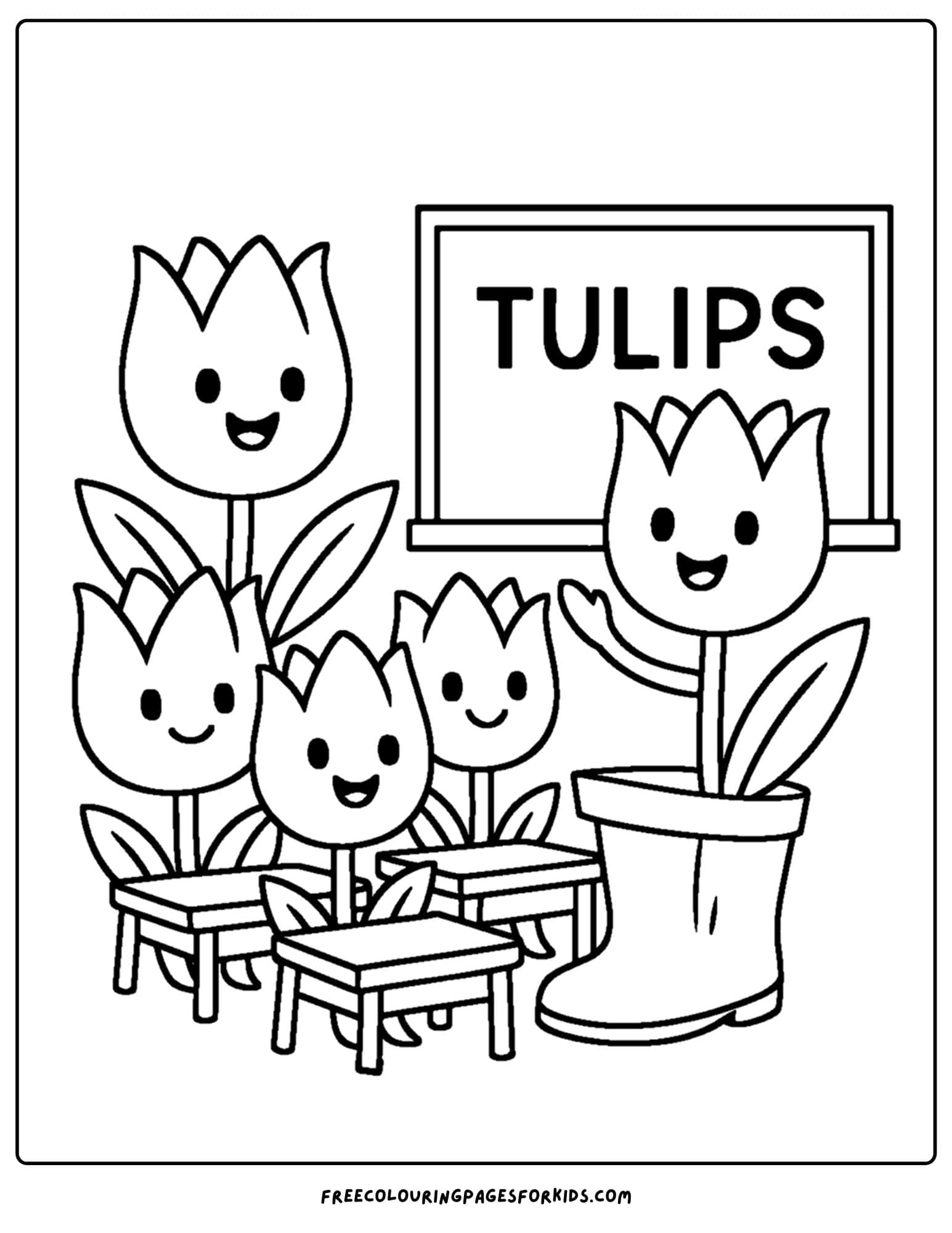 a tulip coloring page of tulips in a classroom learning