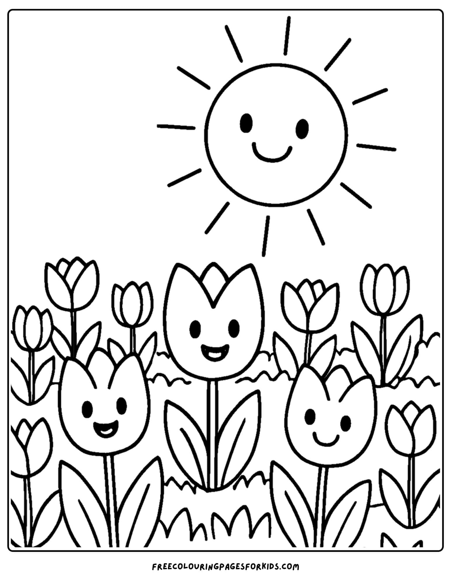 a tulip coloring page of a field of tulips with the sun shining