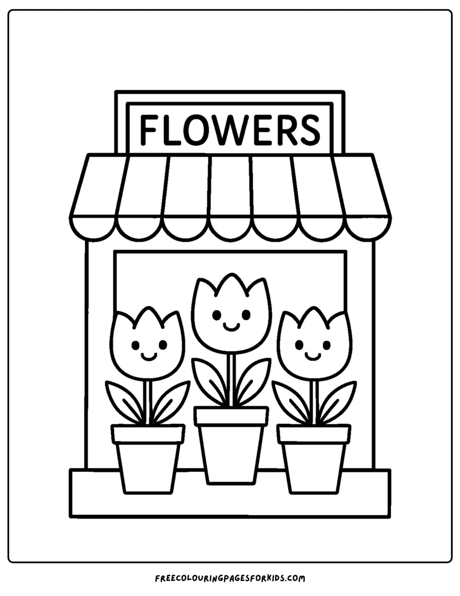 a tulip coloring page of a tulip flower shop with tulips in the window
