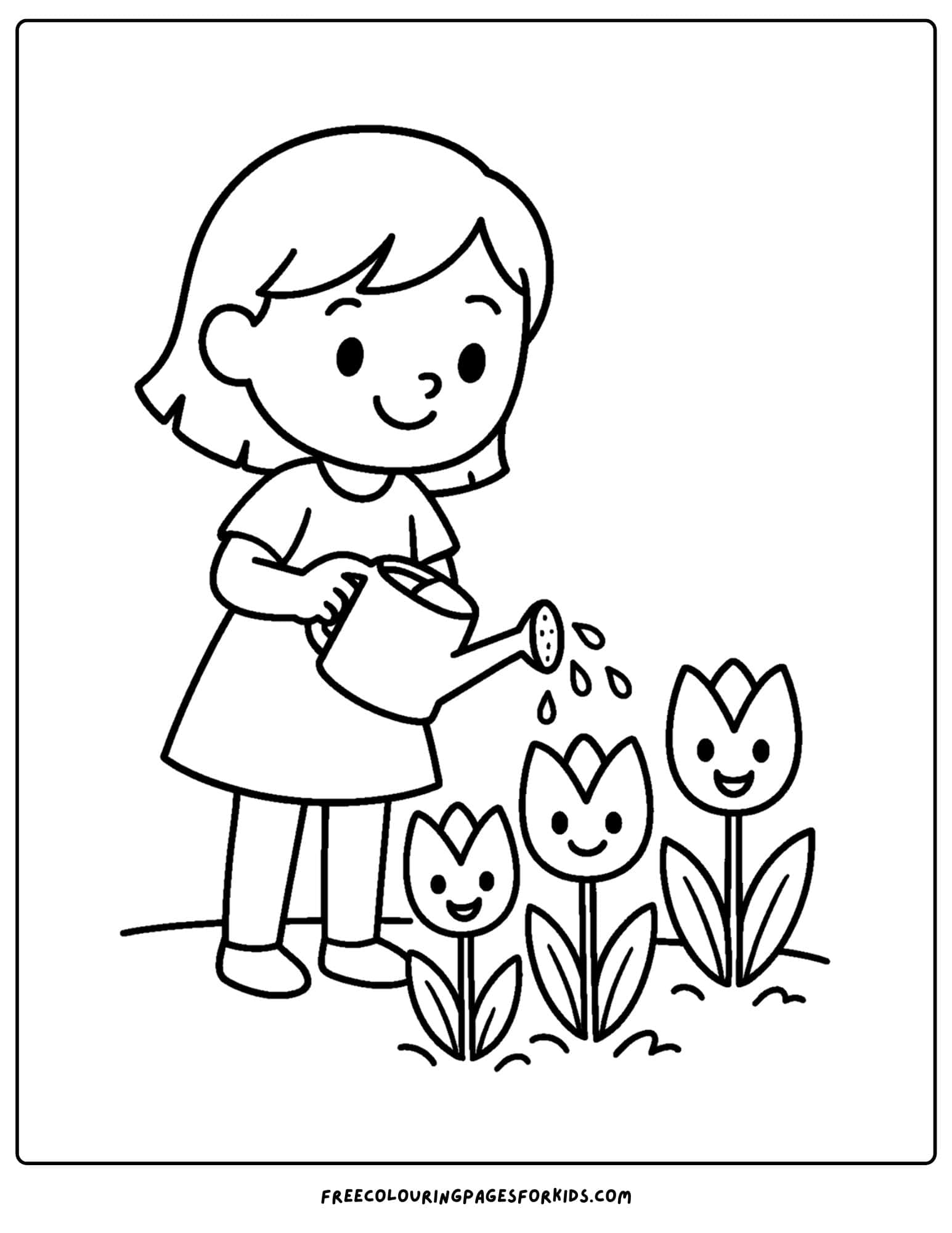 a tulip coloring page of tulips being watered by a child