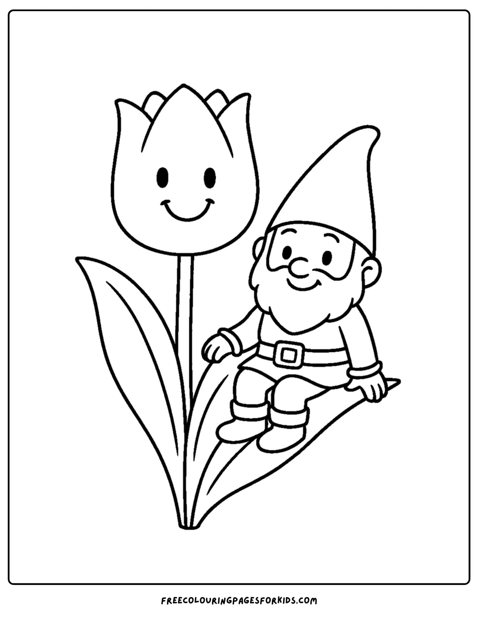 a tulip coloring page of a gnome in a tulip leaf