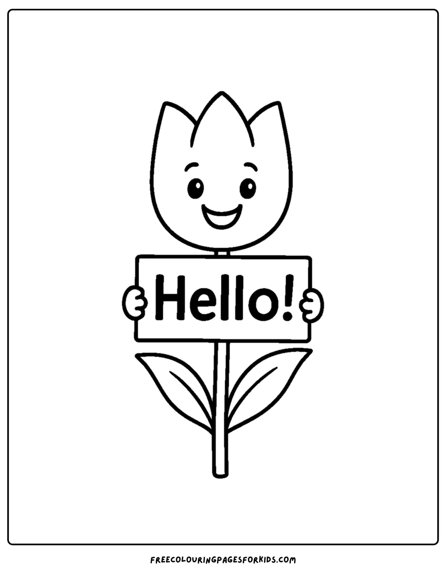a tulip coloring page of a tulip holding a hello sign