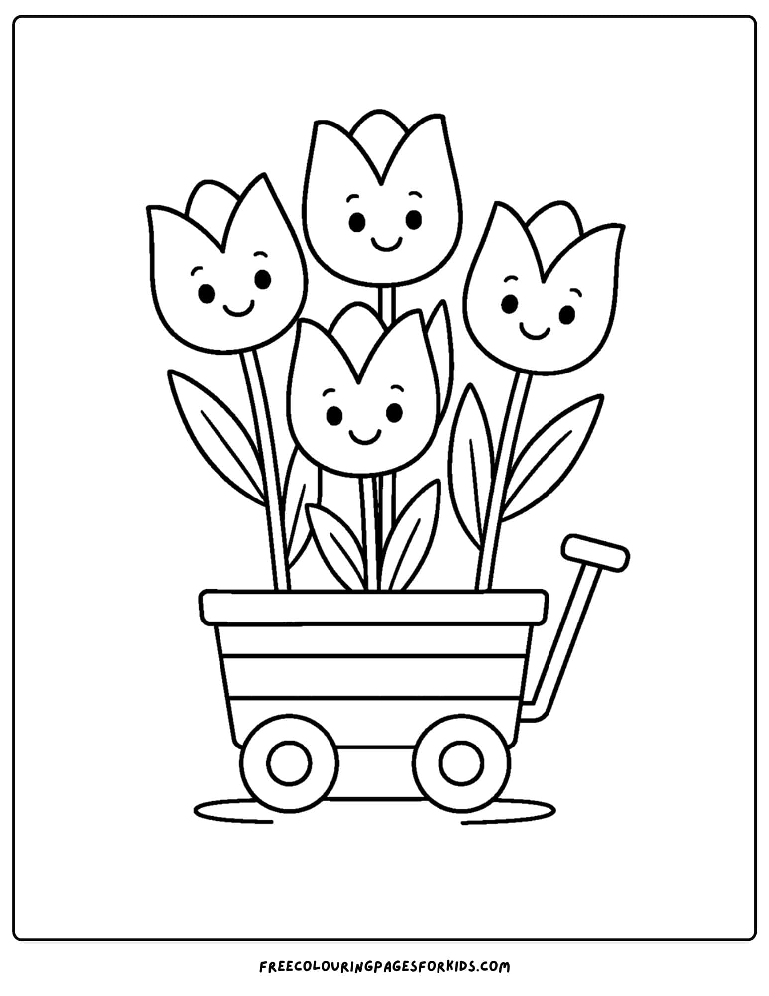 a tulip coloring page of tulips in a wagon