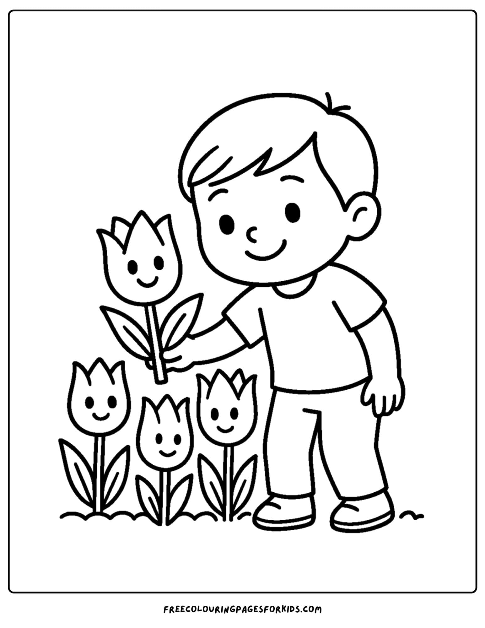 a tulip coloring page of a child picking tulips