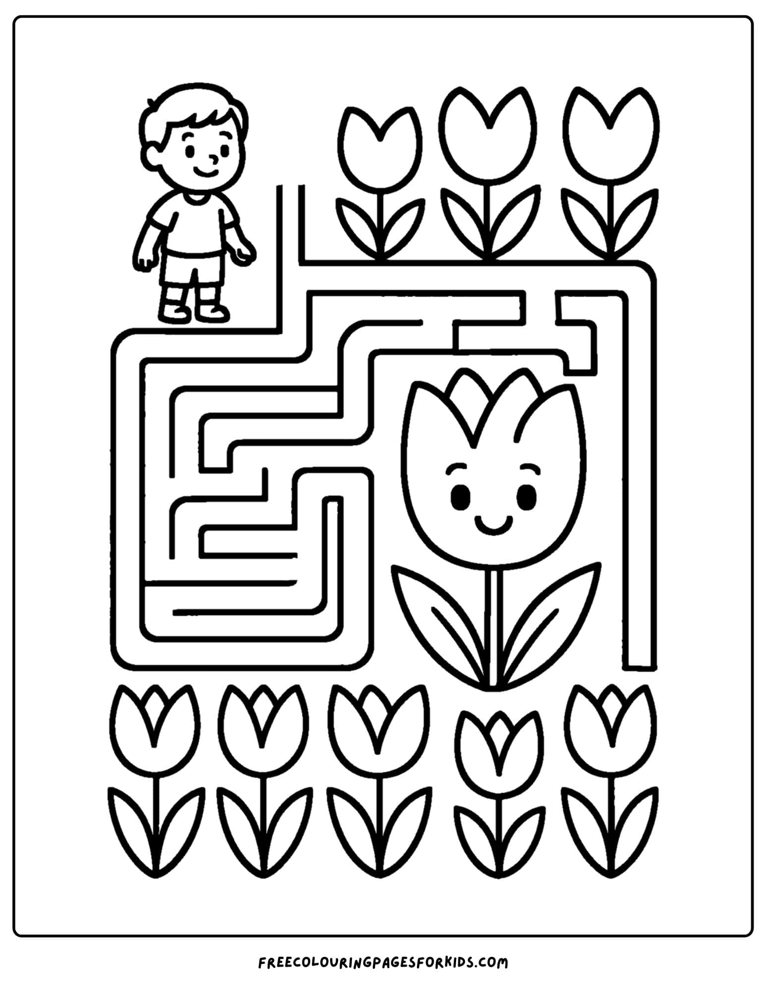 a tulip coloring page of a tulip maze puzzle activity
