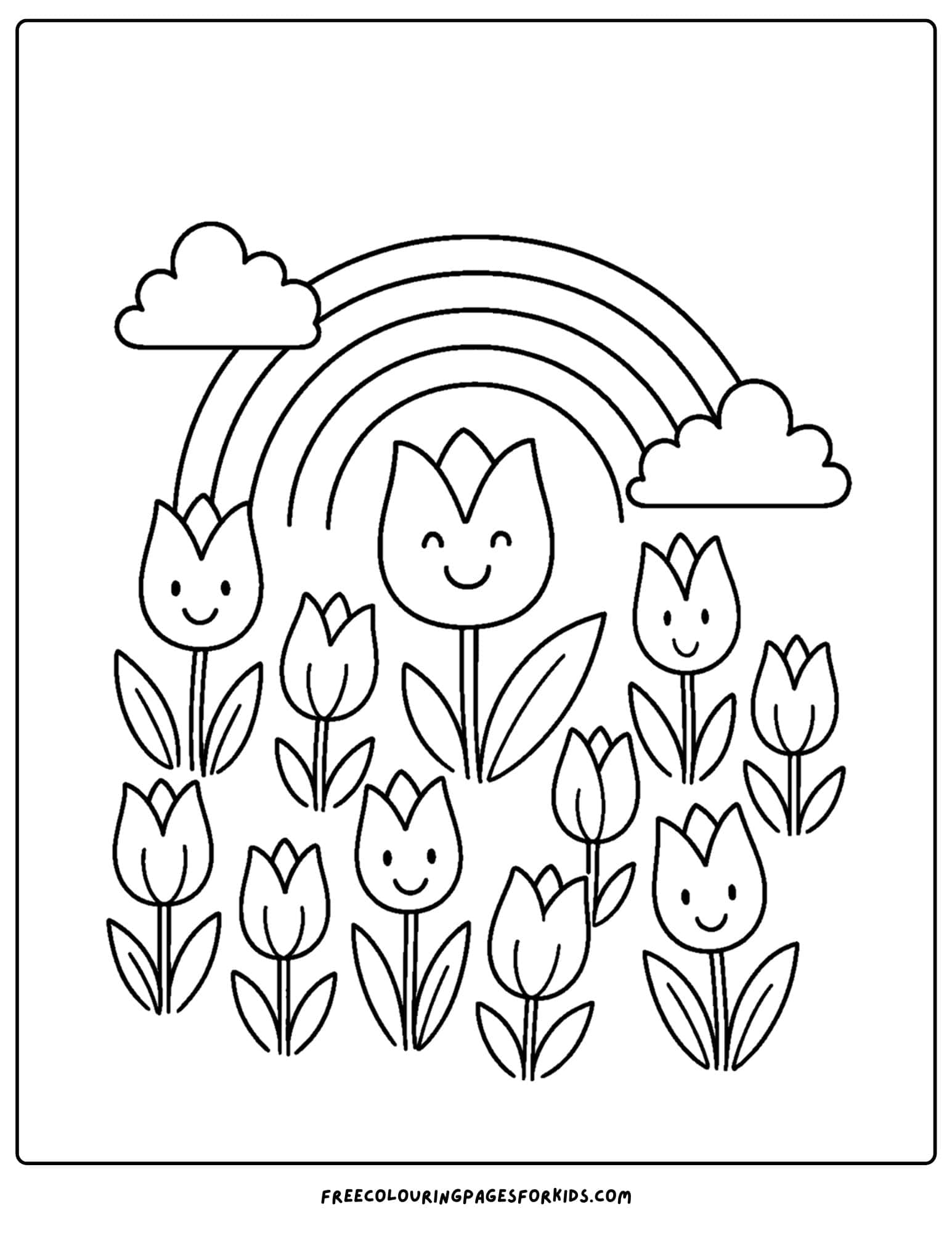 a tulip coloring page of a tulip field with a rainbow over it