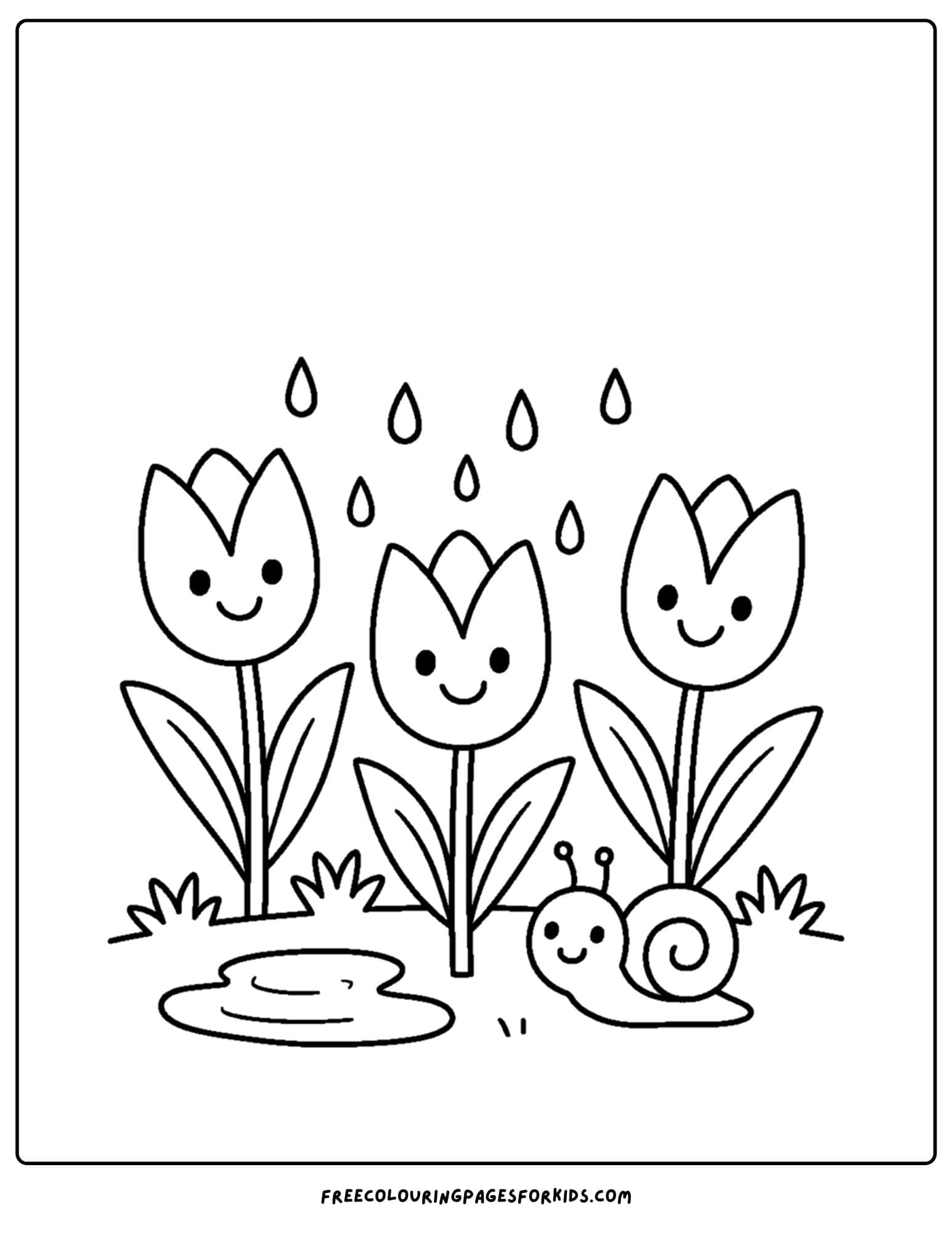 a tulip coloring page of tulips with rain falling on them
