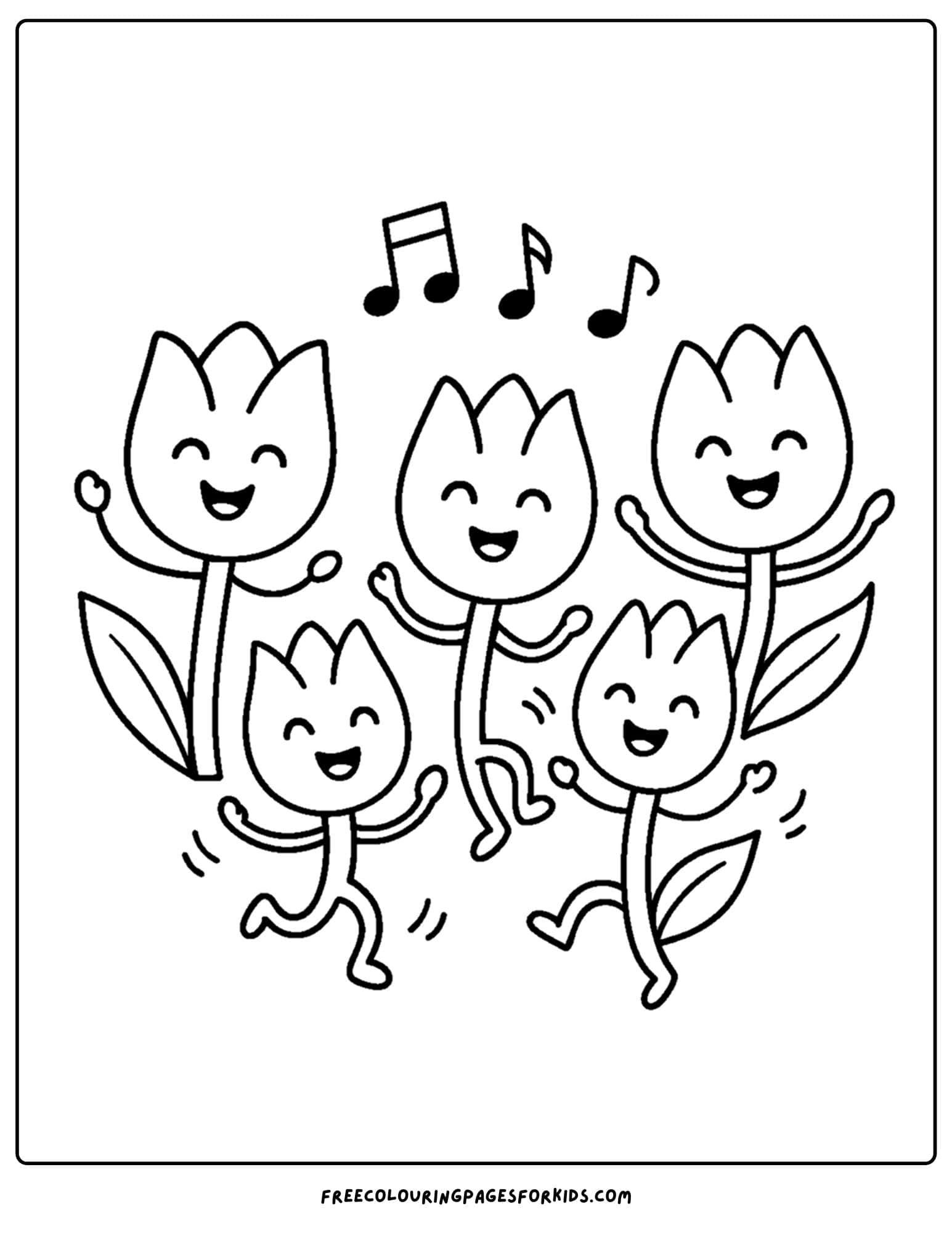 a tulip coloring page of tulips singing and dancing