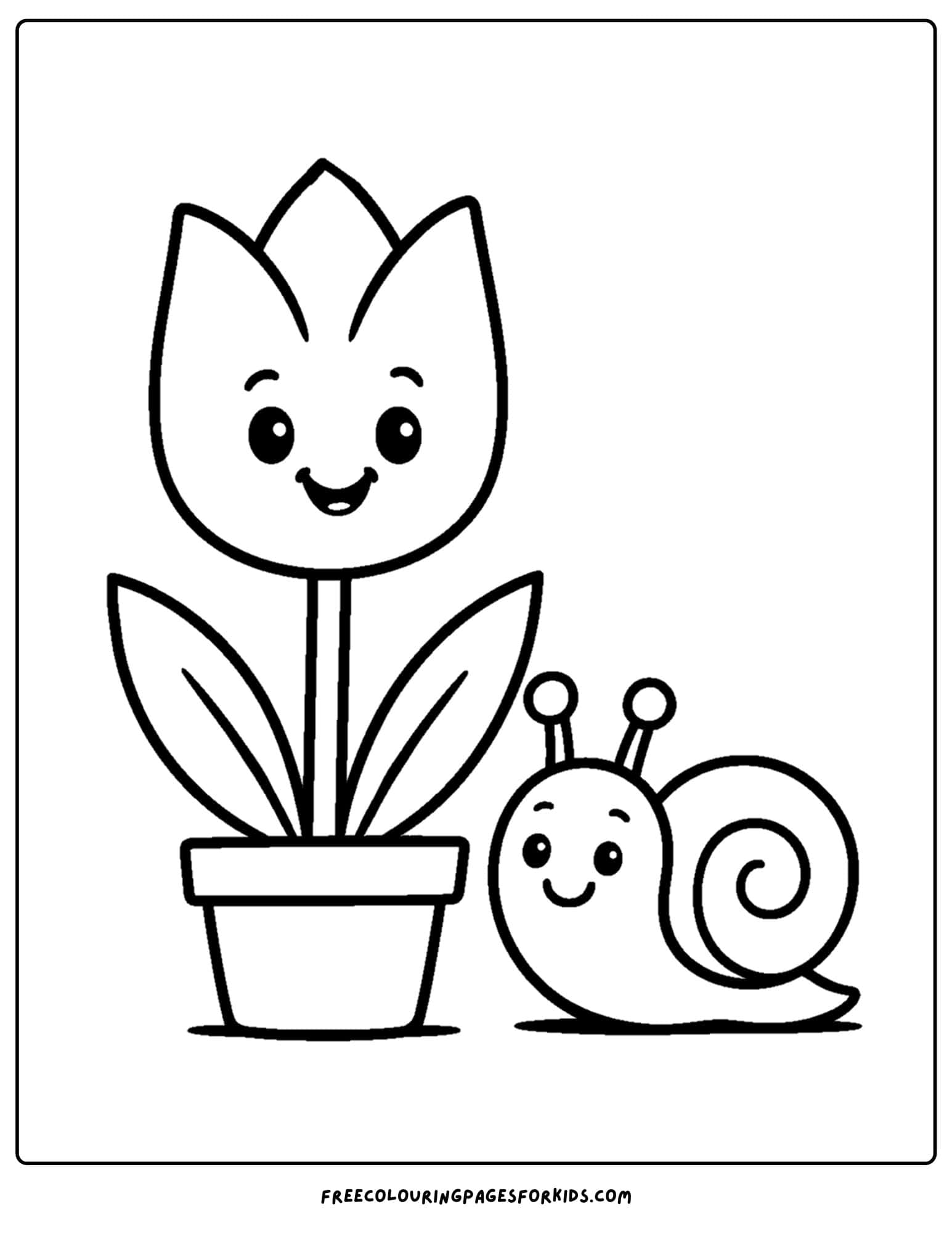 a tulip coloring page of a snail beside a tulip in a pot