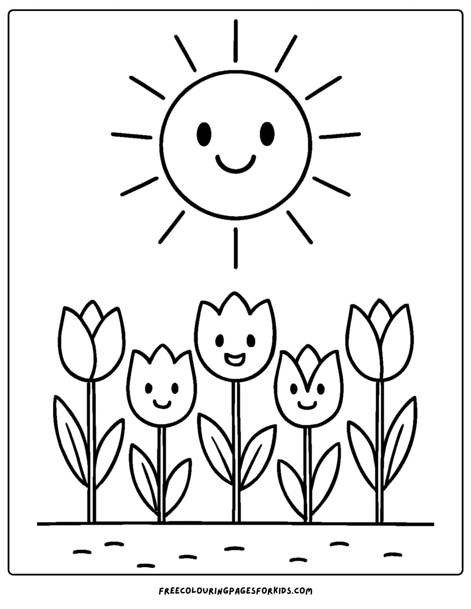 a tulip coloring page of tulips in the ground with the sun shining above
