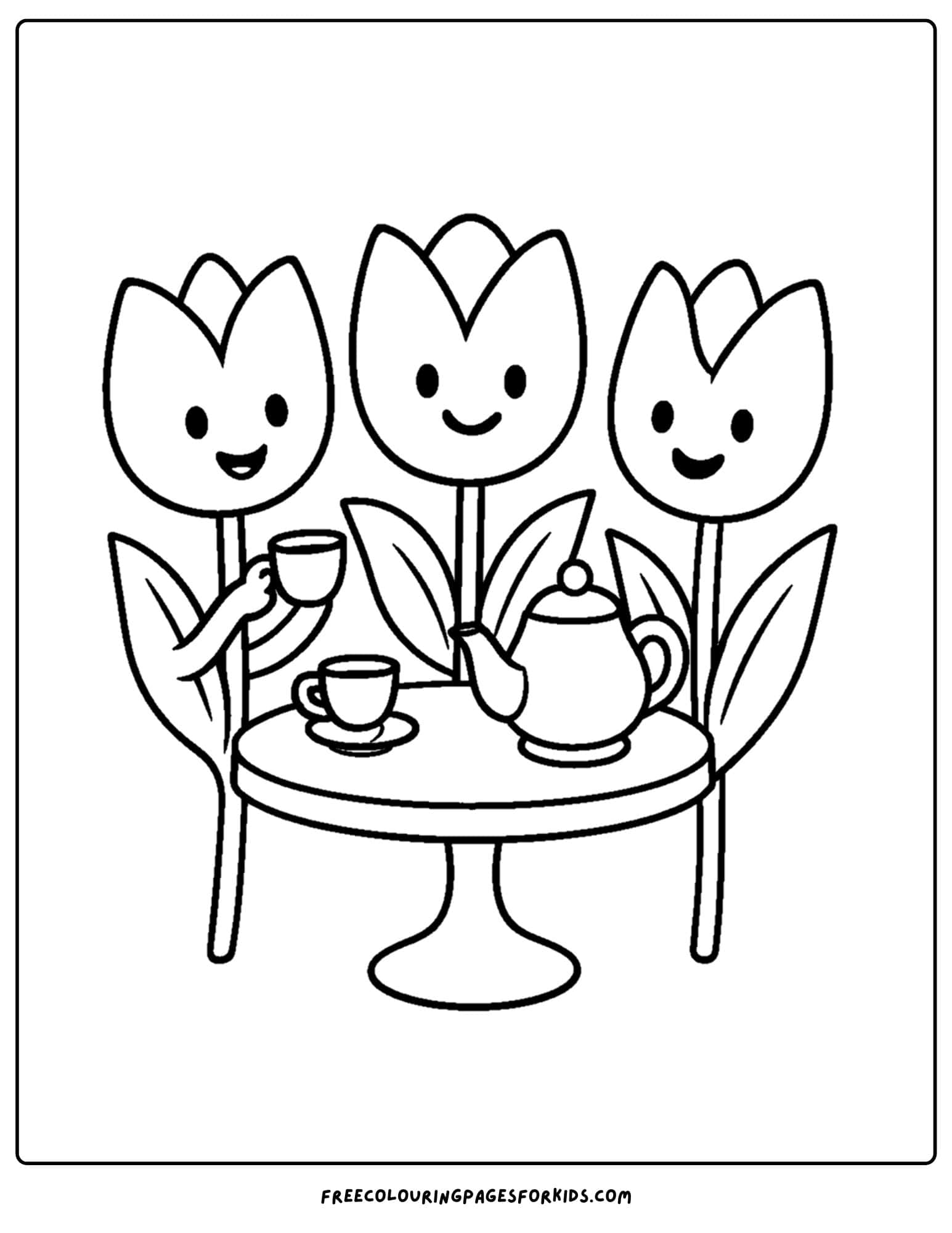 a tulip coloring page of tulips having a tea party