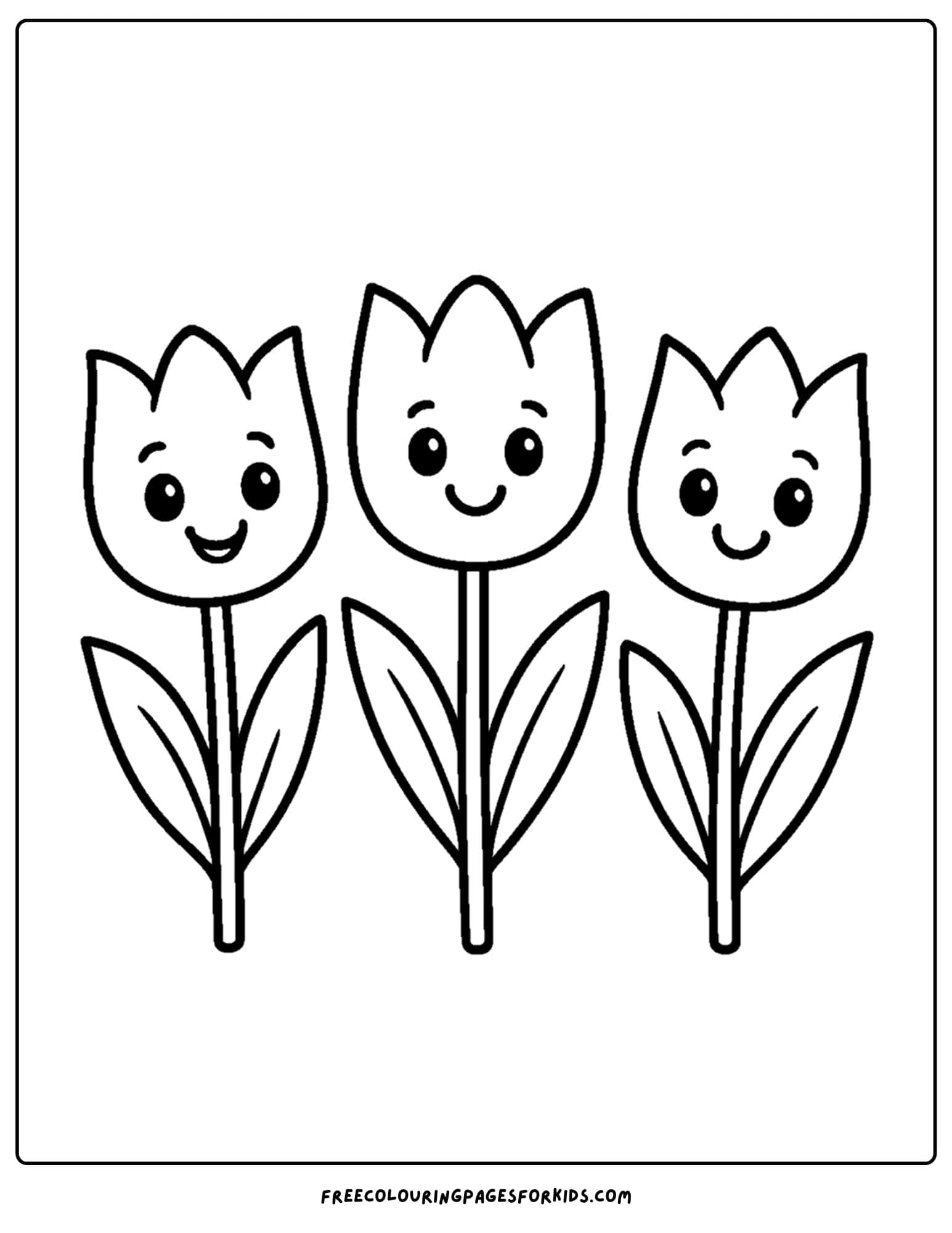 a tulip coloring page of a 3 tulips in a row