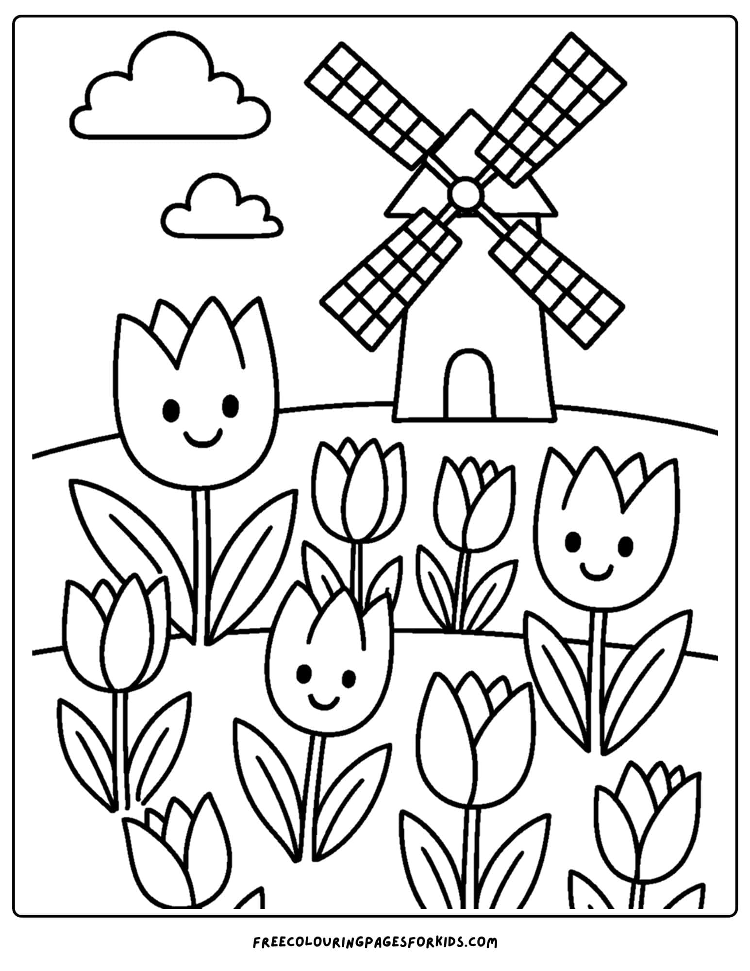 a tulip coloring page of a tulip field with a windmill in the background