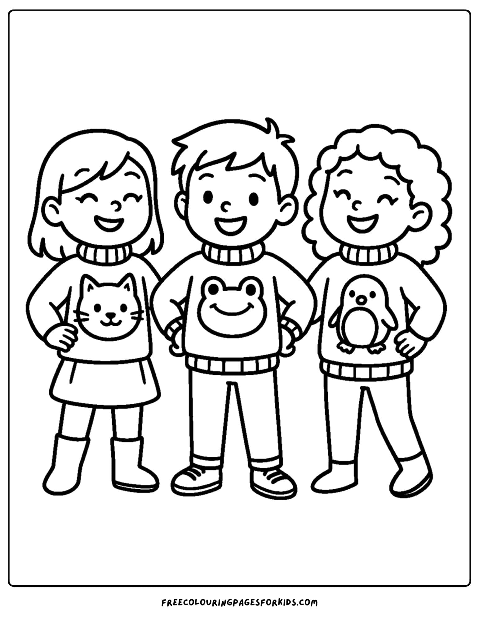 a winter outfit coloring page of kids in animal themed winter sweaters