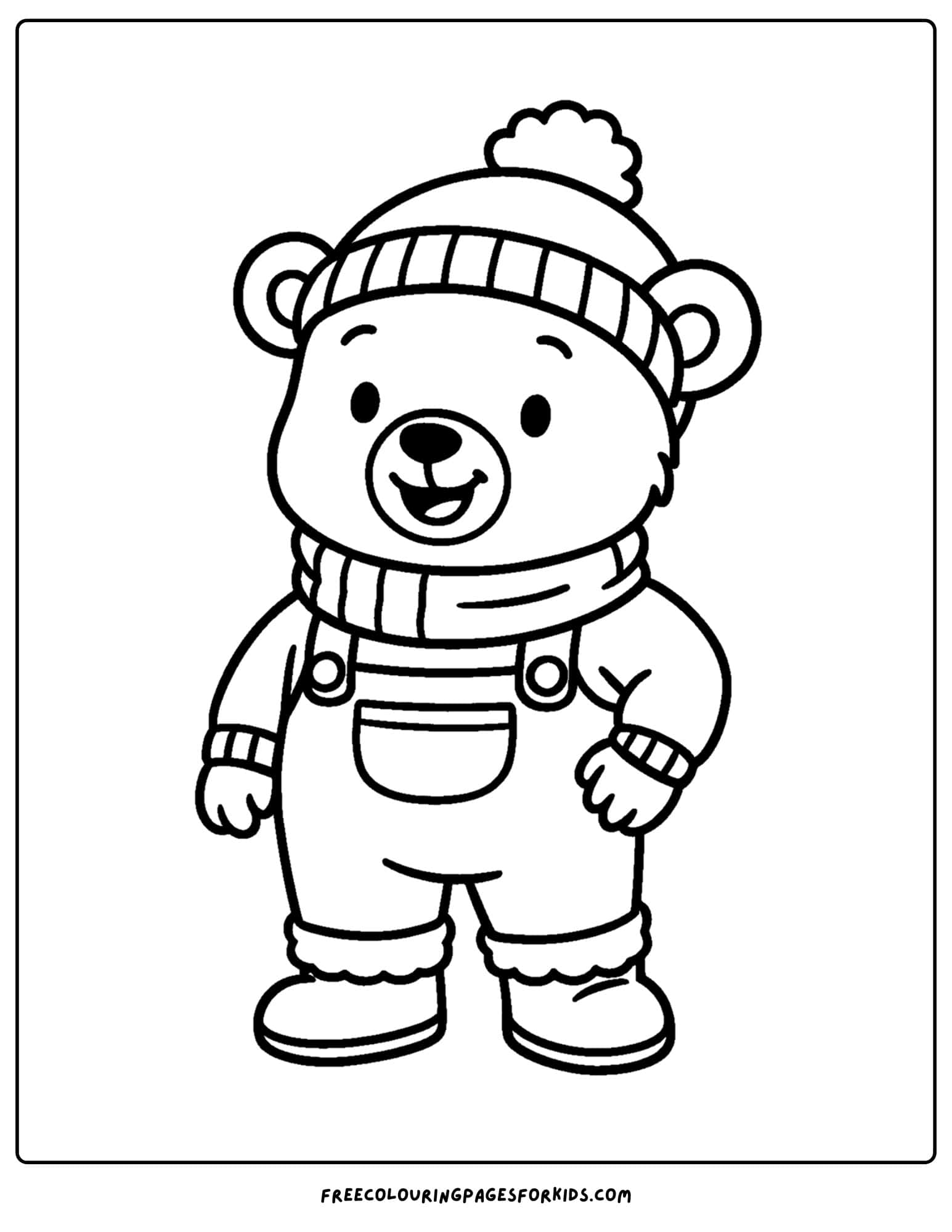 a winter outfit coloring page of a bear in overalls