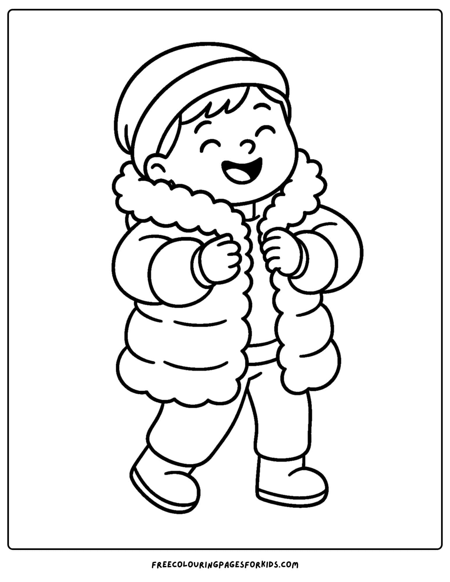 a winter outfit coloring page of a child in a big fluffy jacket