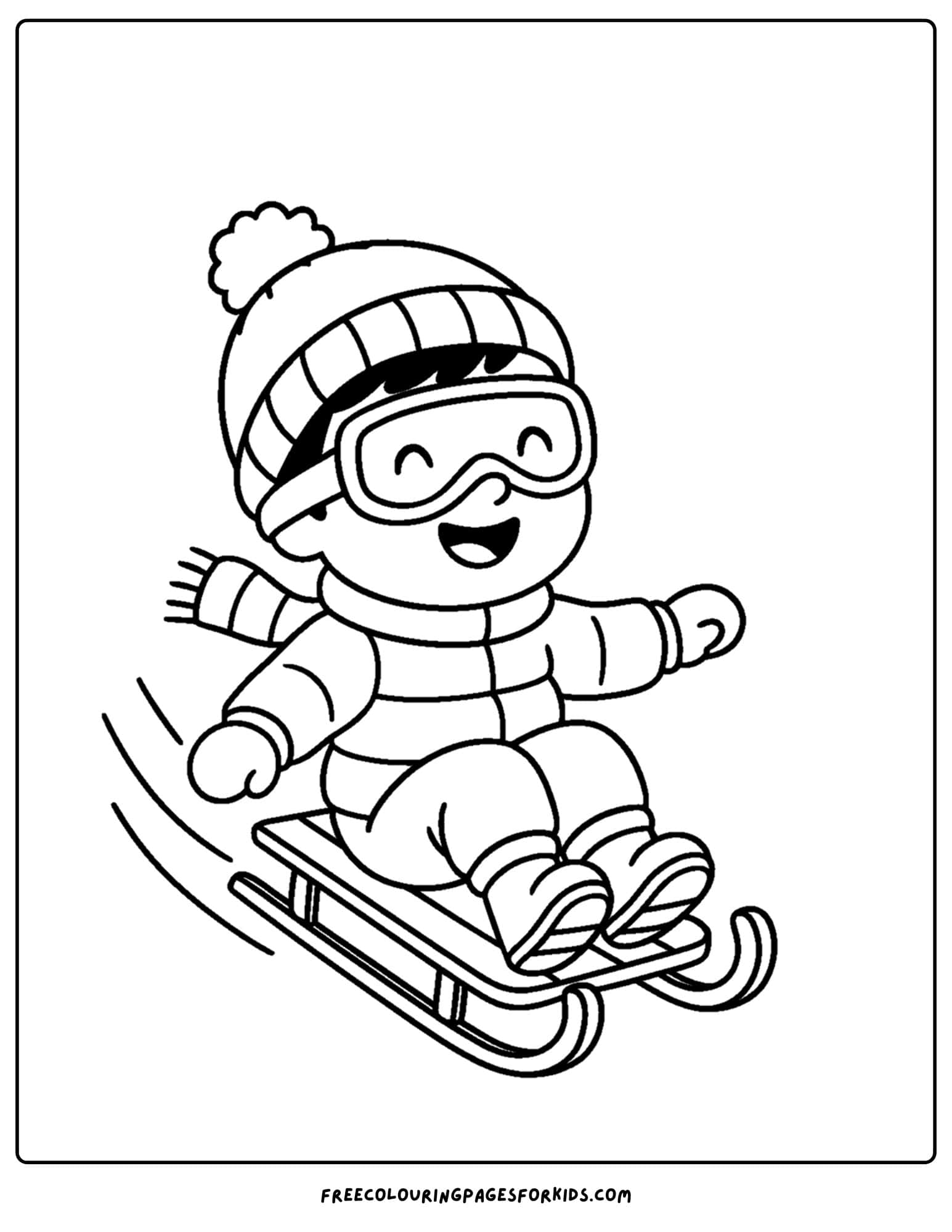 a winter outfit coloring page of a child in snow gear on a sled